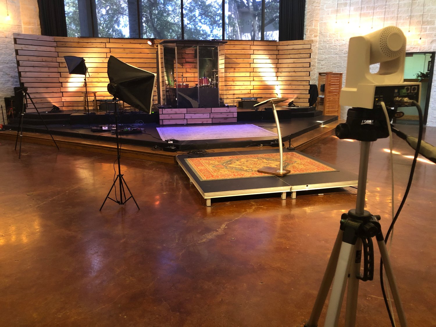 Lott Hall is prepared similar to a movie set to broadcast the Contemporary worship service for St. Peter’s United Methodist Church in Katy.