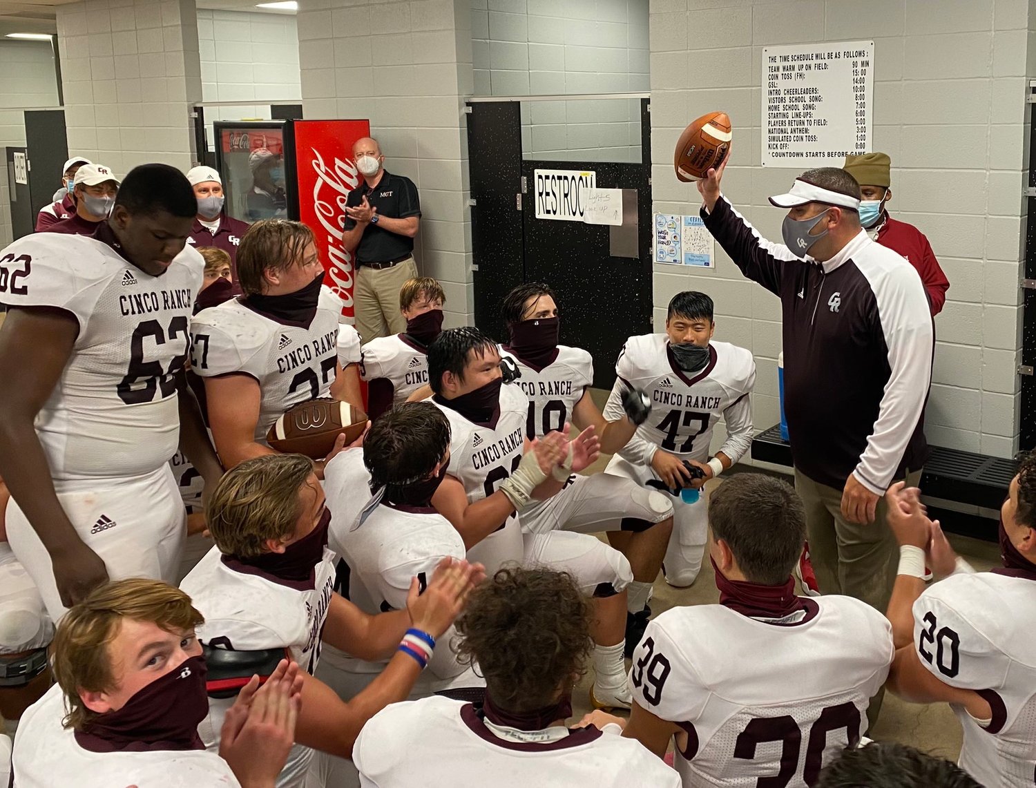 Second-year Cinco Ranch head coach Chris Dudley earned his first career head coaching win with a 21-17 decision against Mayde Creek on Oct. 16 at Rhodes Stadium.