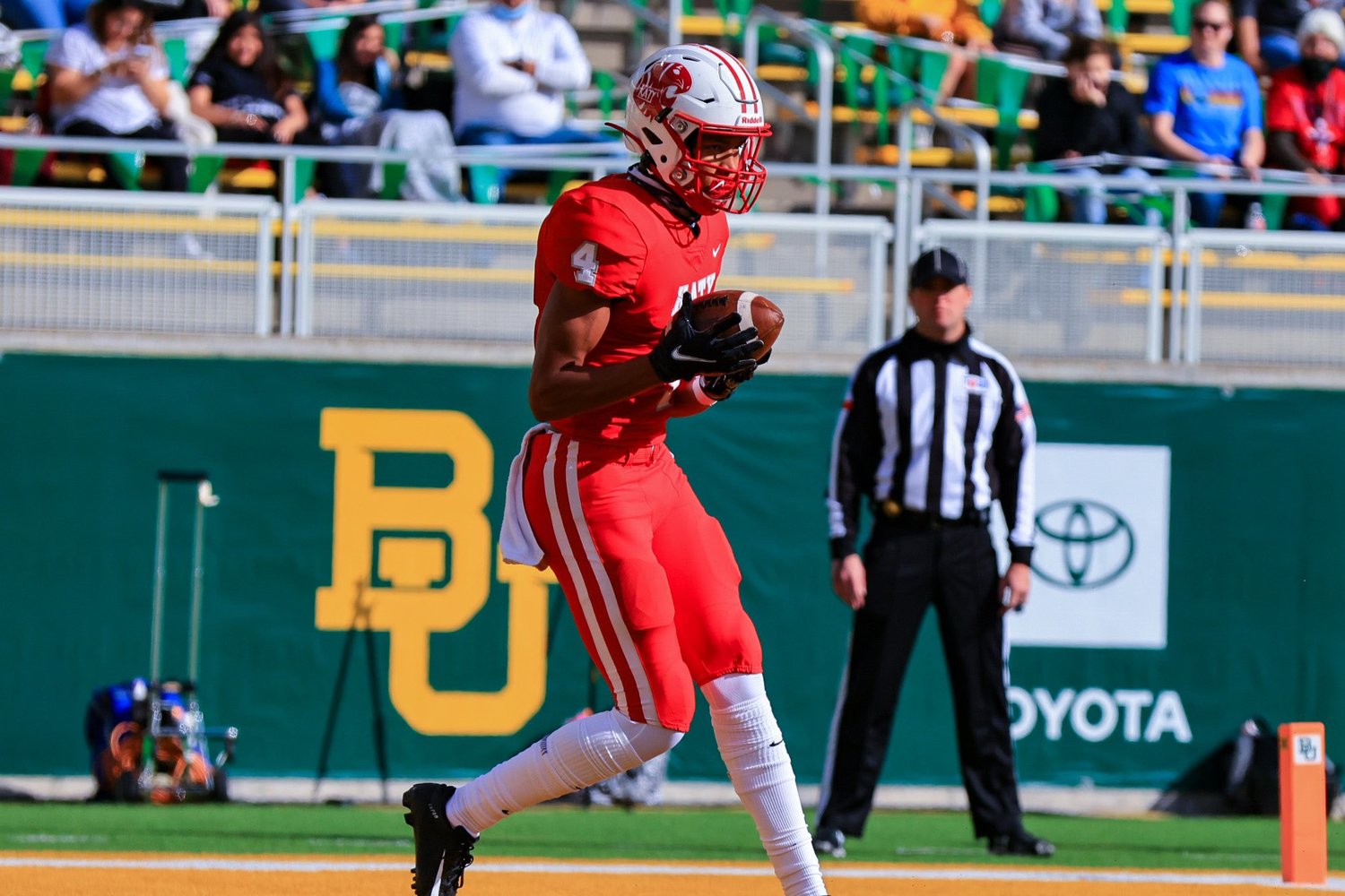 Katy High junior receiver Nic Anderson catches a 12-yard touchdown pass during the Tigers' Class 6A-Division II state semifinal win over Buda Hays on Jan. 9 at McLane Stadium in Waco.