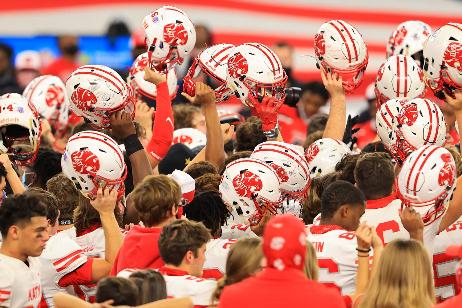 Katy players celebrate their 51-14 win over Cedar Hill at AT&T Stadium on Saturday afternoon. Katy won the Class 6A-Division II state championship.