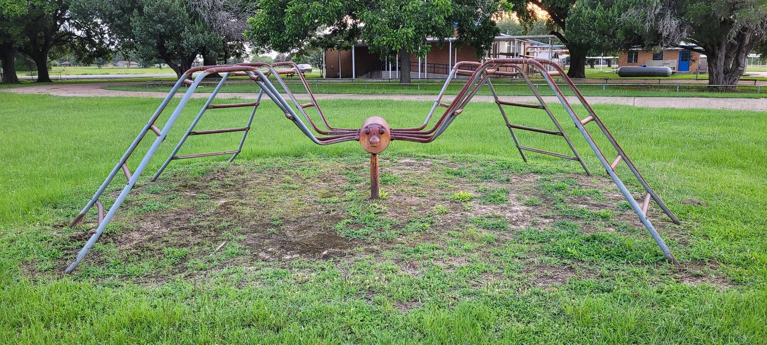 This bug-inspired jungle gym is covered with rust over most of its surface and lacks a proper padded surface in the event a child falls from it during play.