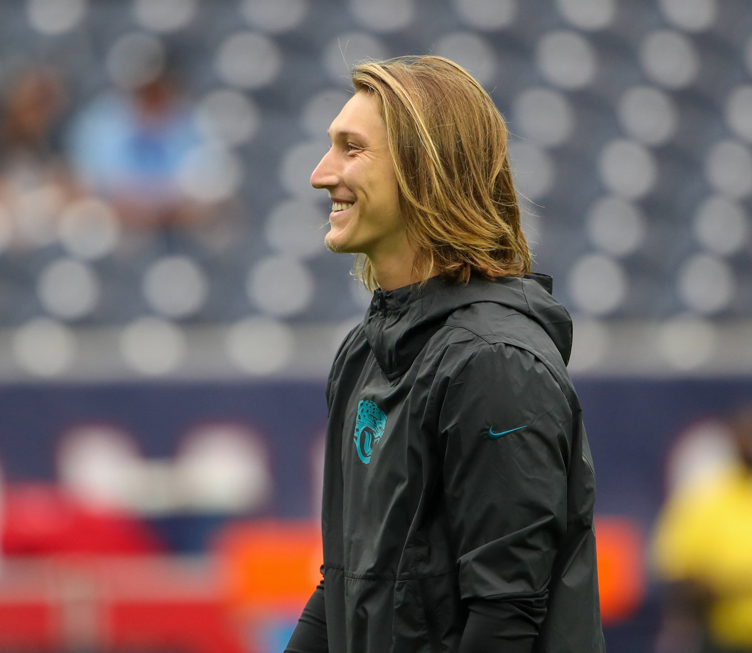 Jacksonville Jaguars quarterback Trevor Lawrence (16) warms up before the start of an NFL game between the Houston Texans and the Jacksonville Jaguars on September 12, 2021 in Houston, Texas.