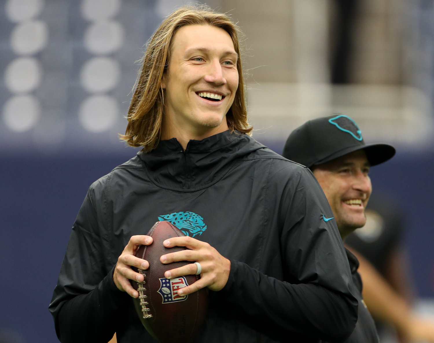 Jacksonville Jaguars quarterback Trevor Lawrence (16) warms up before the start of an NFL game between the Houston Texans and the Jacksonville Jaguars on September 12, 2021 in Houston, Texas.