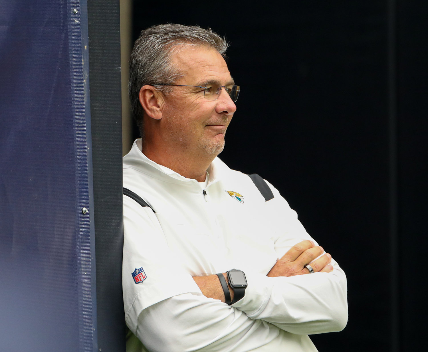 Jacksonville Jaguars head coach Urban Meyer looks out onto the field at NRG Stadium before the start of an NFL game between the Houston Texans and the Jacksonville Jaguars on September 12, 2021 in Houston, Texas.