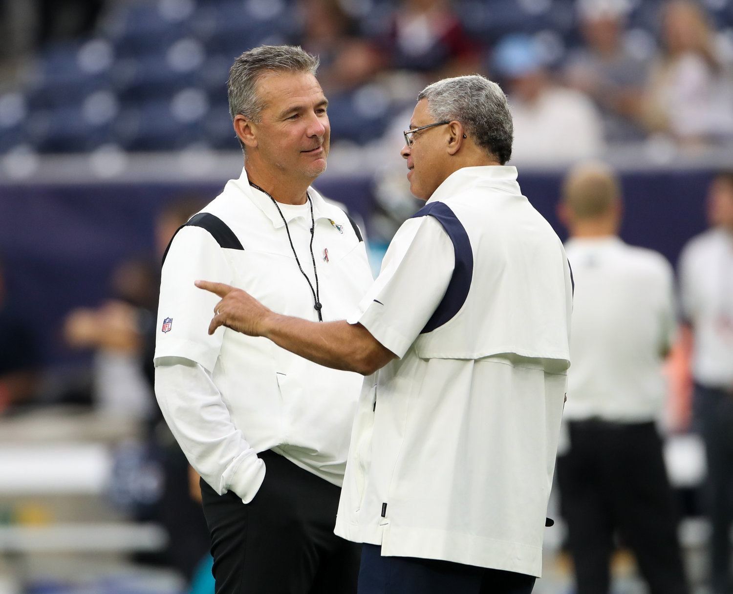 Jacksonville Jaguars head coach Urban Meyer (left) talks with Houston Texans head coach David Culley before the start of an NFL game between the Houston Texans and the Jacksonville Jaguars on September 12, 2021 in Houston, Texas.