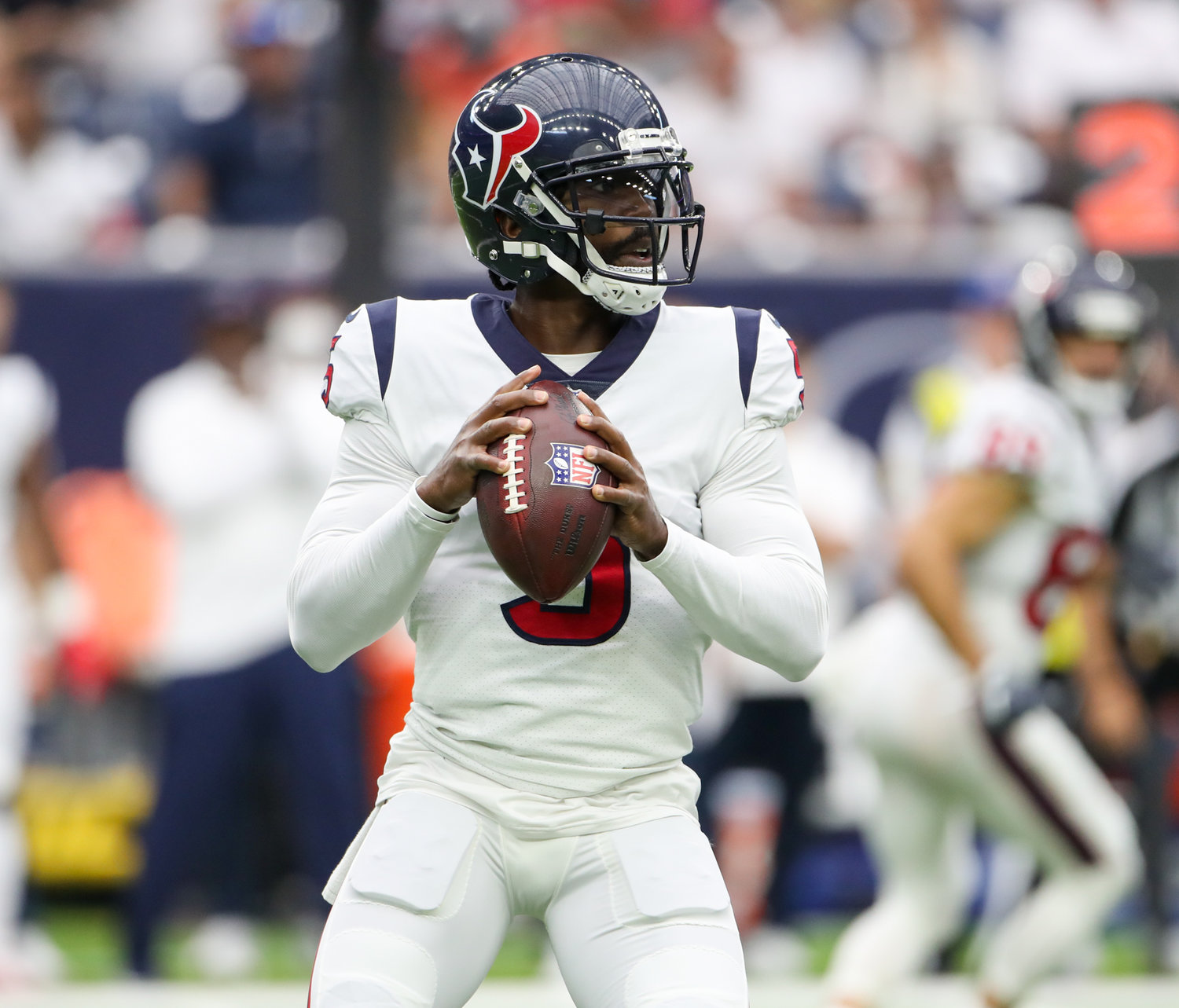 Houston Texans quarterback Tyrod Taylor (5) looks to pass during the first half of an NFL game between the Houston Texans and the Jacksonville Jaguars on September 12, 2021 in Houston, Texas.