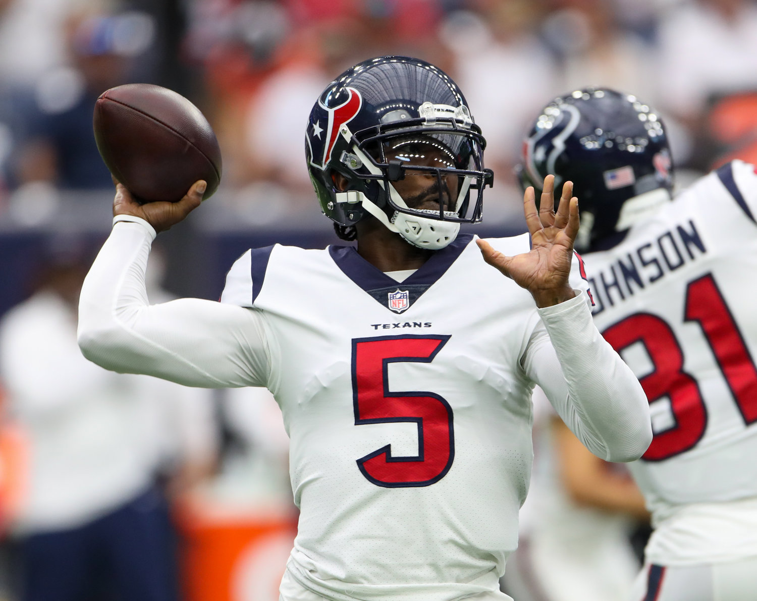 Houston Texans quarterback Tyrod Taylor (5) passes the ball during the first half of an NFL game between the Houston Texans and the Jacksonville Jaguars on September 12, 2021 in Houston, Texas.