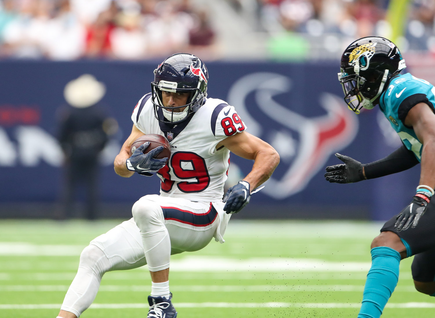 Houston Texans wide receiver Danny Amendola (89) carries the ball after a catch during the first half of an NFL game between the Houston Texans and the Jacksonville Jaguars on September 12, 2021 in Houston, Texas.