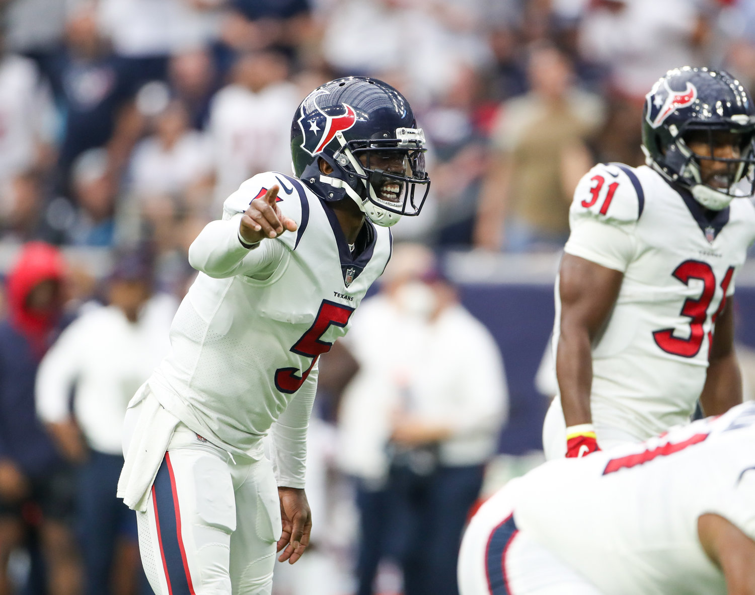 Houston Texans quarterback Tyrod Taylor (5) calls out before the snap during the first half of an NFL game between the Houston Texans and the Jacksonville Jaguars on September 12, 2021 in Houston, Texas.