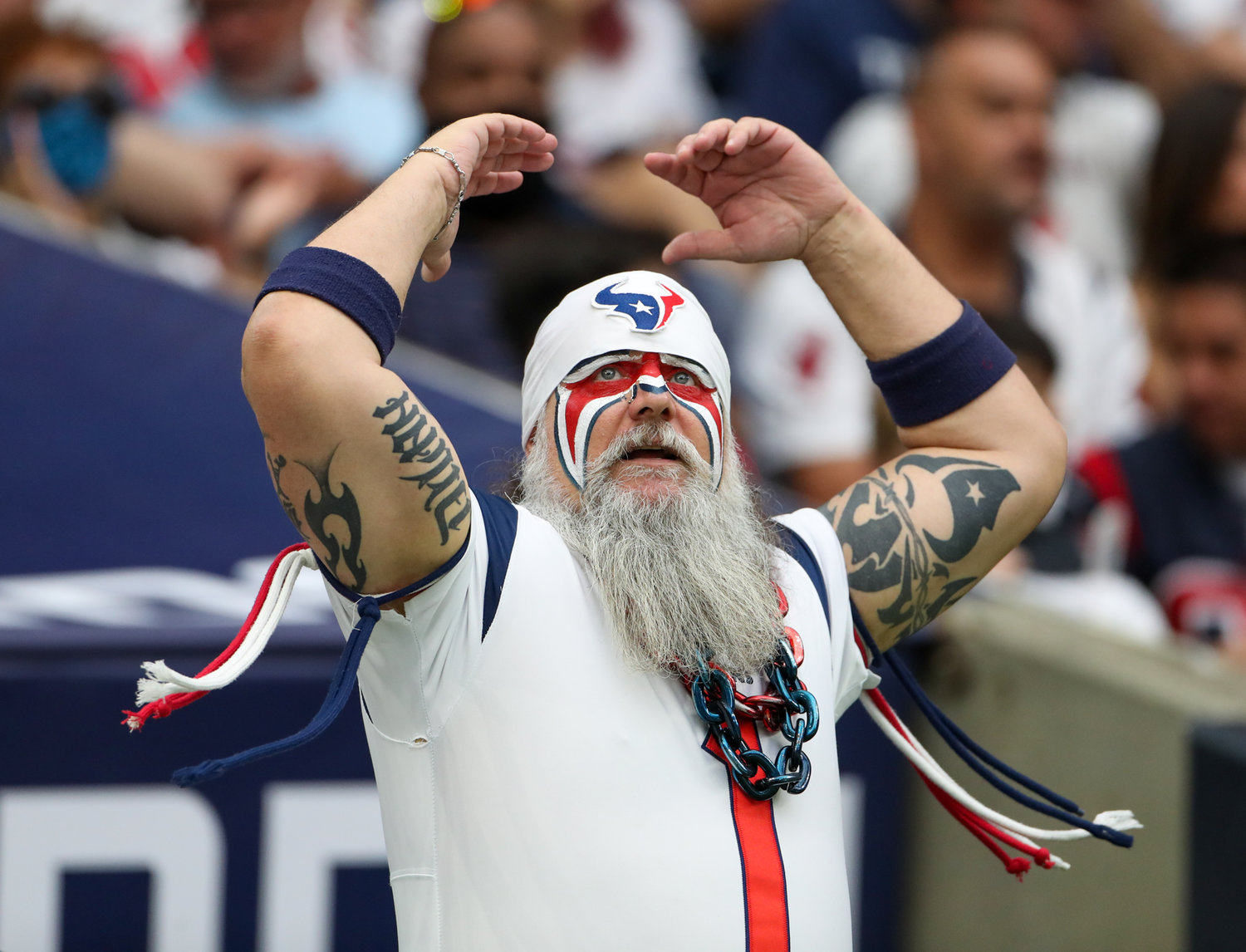 The Houston Texans “Ultimate Fan” cheers during the first half of an NFL game between the Houston Texans and the Jacksonville Jaguars on September 12, 2021 in Houston, Texas.
