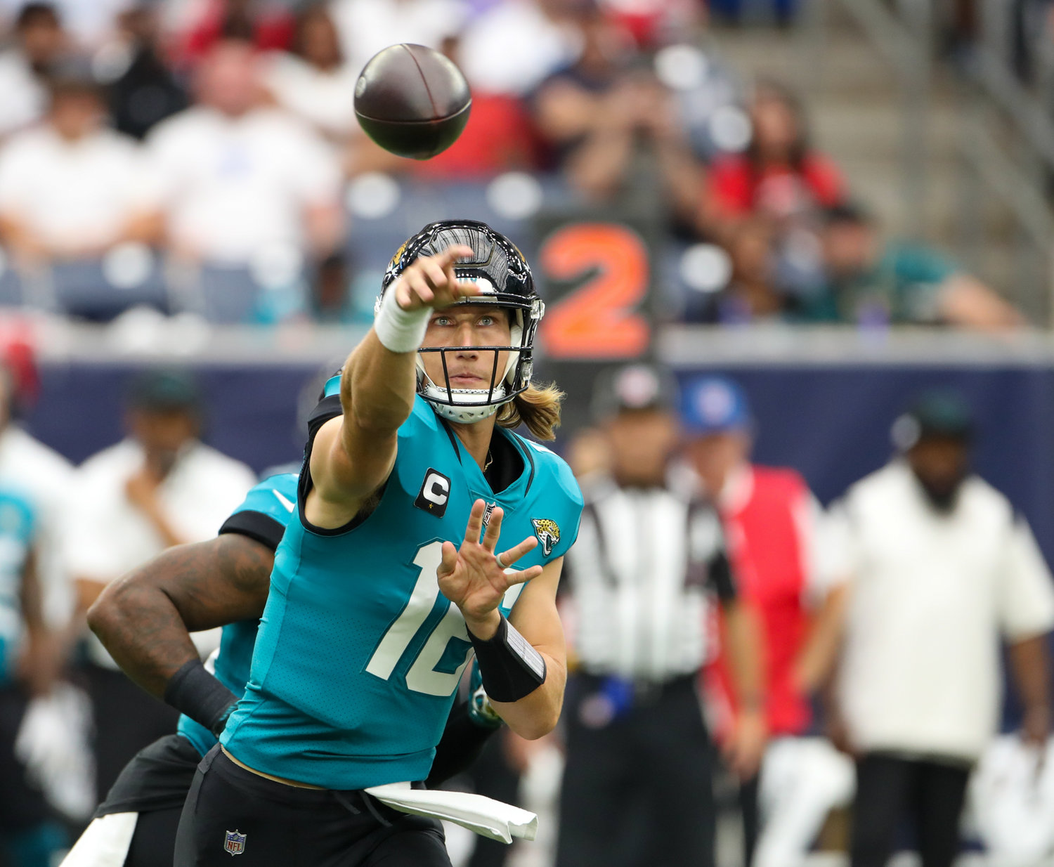 Jacksonville Jaguars quarterback Trevor Lawrence (16) passes the ball during the first half of an NFL game between the Houston Texans and the Jacksonville Jaguars on September 12, 2021 in Houston, Texas.