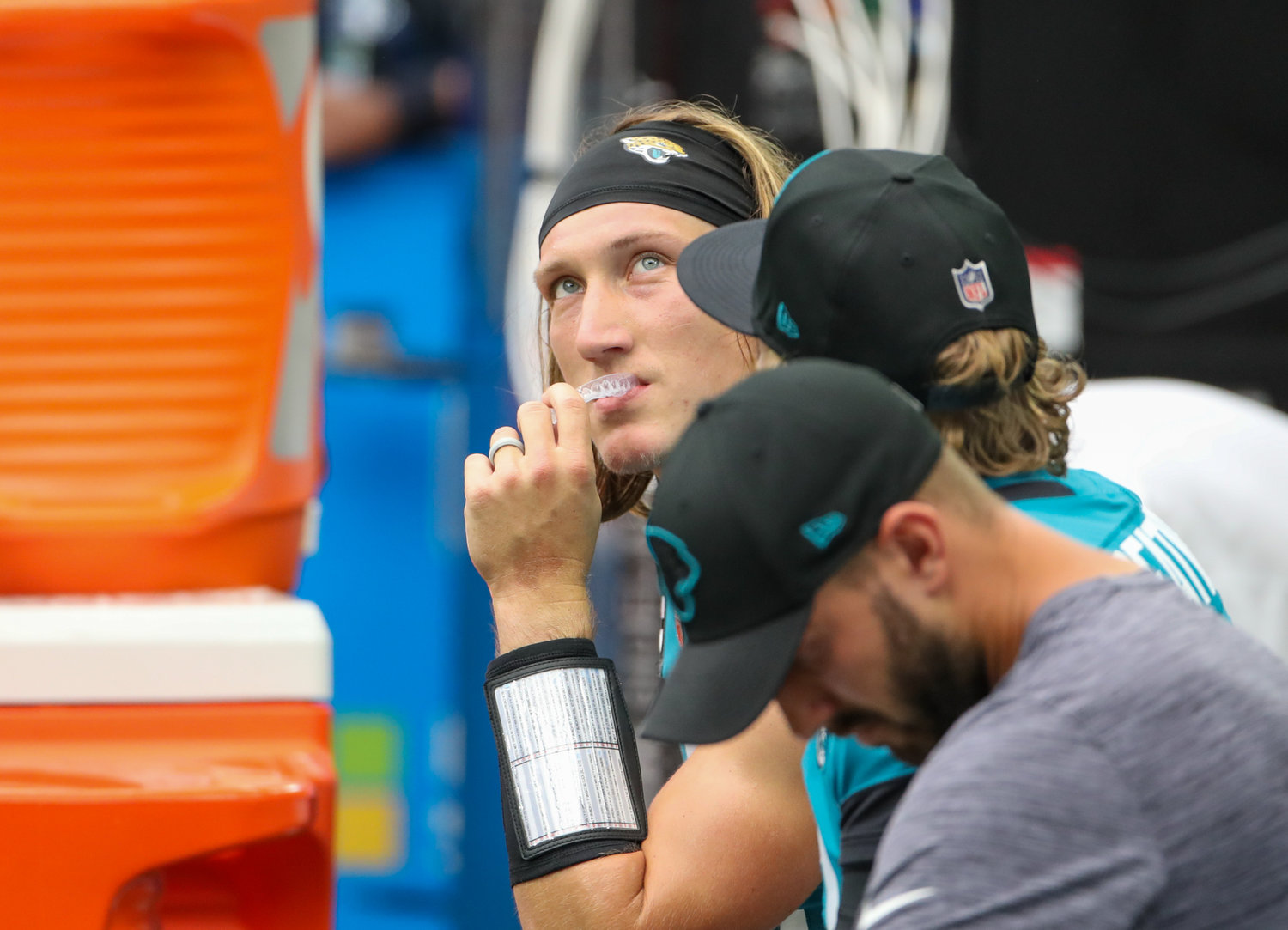 Jacksonville Jaguars quarterback Trevor Lawrence (16) looks up at the video board after throwing an interception during the first half of an NFL game between the Houston Texans and the Jacksonville Jaguars on September 12, 2021 in Houston, Texas.