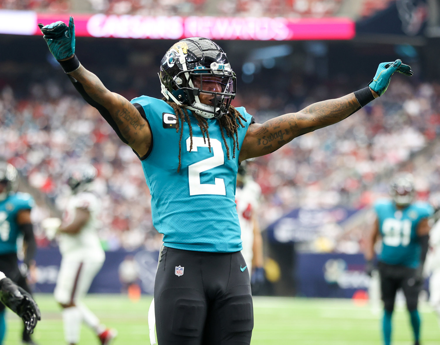 Jacksonville Jaguars defensive back Rayshawn Jenkins (2) gestures to Texans fans after a Texans pass falls incomplete in the end zone during the second half of an NFL game between the Houston Texans and the Jacksonville Jaguars on September 12, 2021 in Houston, Texas.