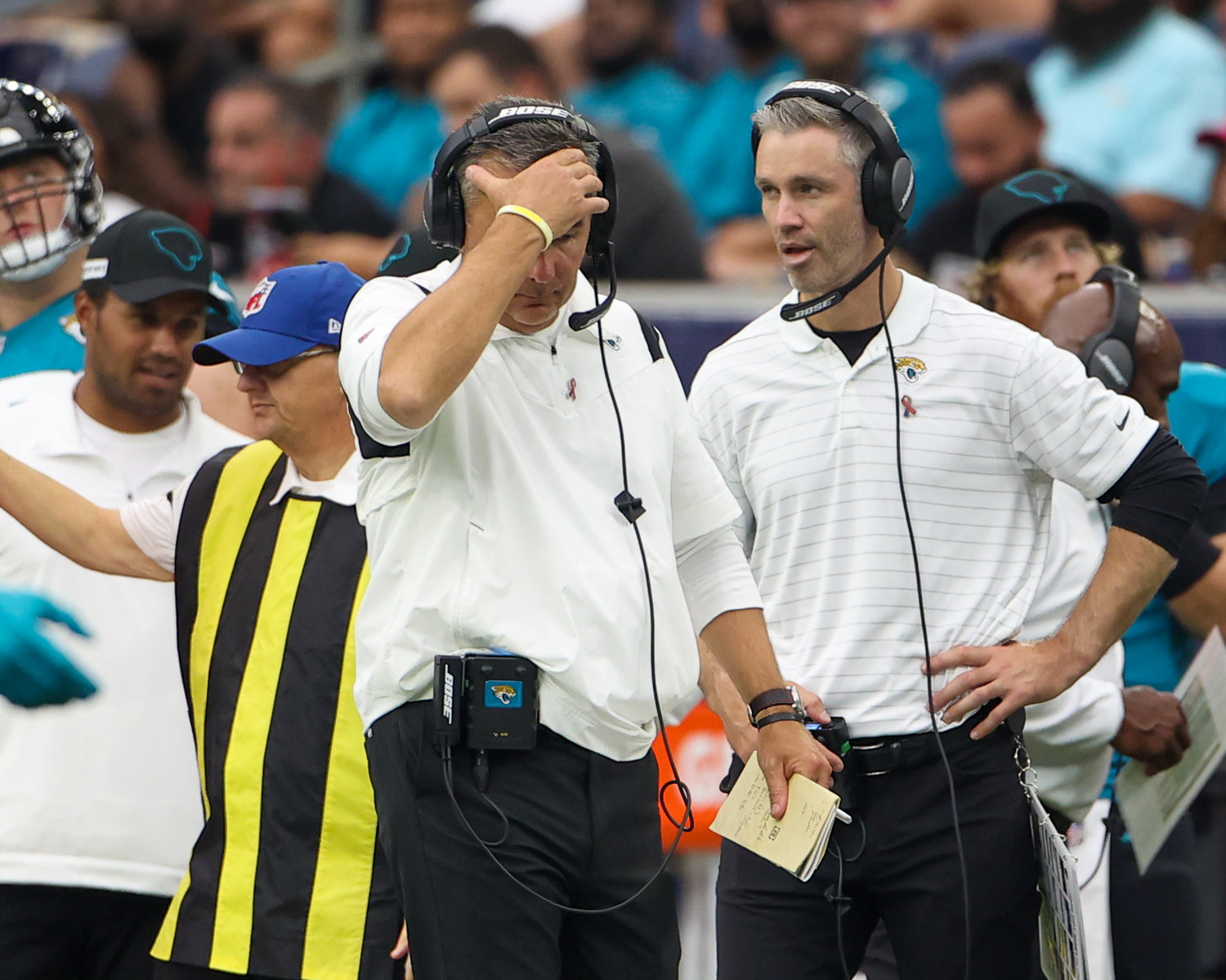 Jacksonville Jaguars head coach Urban Meyer reacts after quarterback Trevor Lawrence overthrows a receiver during the second half of an NFL game between the Houston Texans and the Jacksonville Jaguars on September 12, 2021 in Houston, Texas.