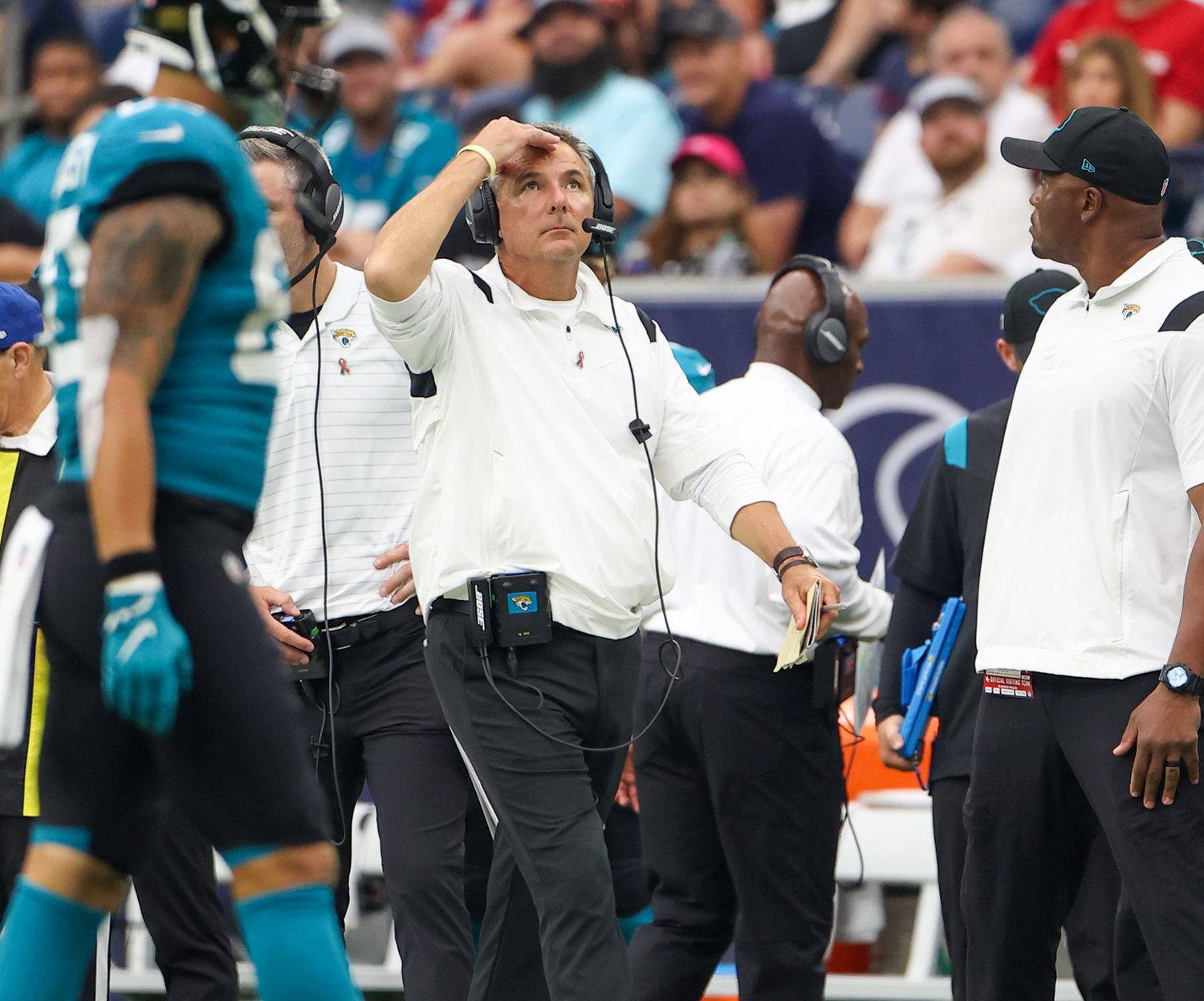 Jacksonville Jaguars head coach Urban Meyer reacts after quarterback Trevor Lawrence overthrows a receiver during the second half of an NFL game between the Houston Texans and the Jacksonville Jaguars on September 12, 2021 in Houston, Texas.