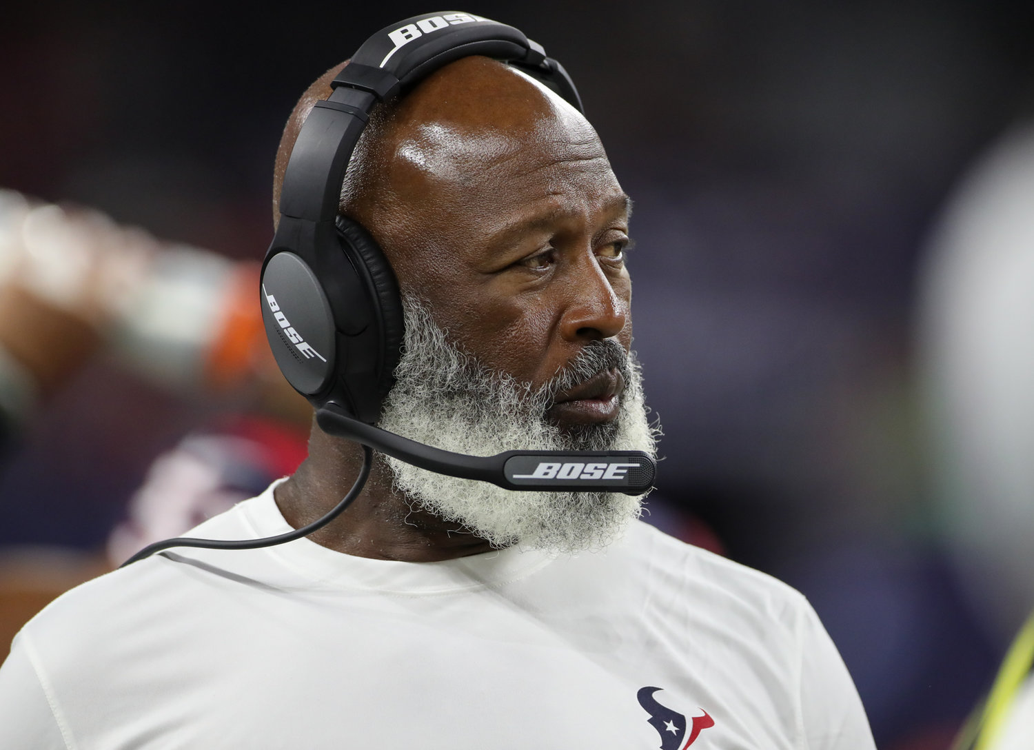 Houston Texans associate head coach and defensive coordinator Lovie Smith during an NFL preseason game between the Houston Texans and the Tampa Bay Buccaneers on August 28, 2021 in Houston, Texas.