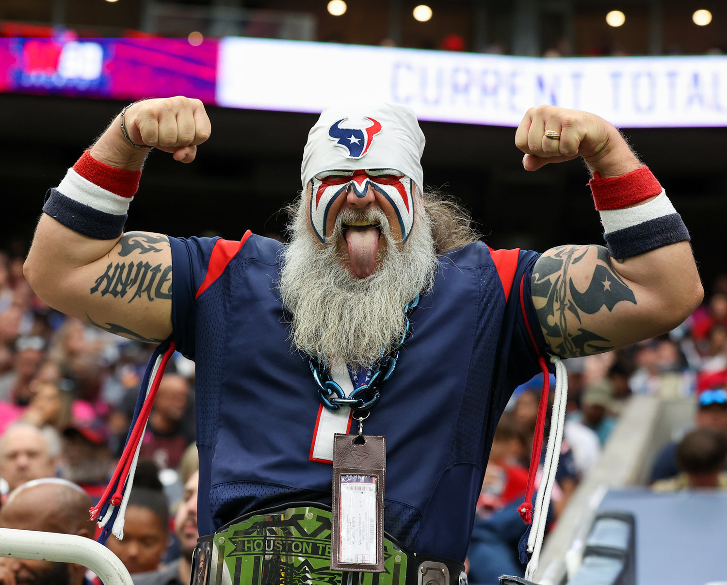 The Houston Texans Ultimate Fan during an NFL game between Houston and New England on October 10, 2021 in Houston, Texas. The Patriots won 25-22.