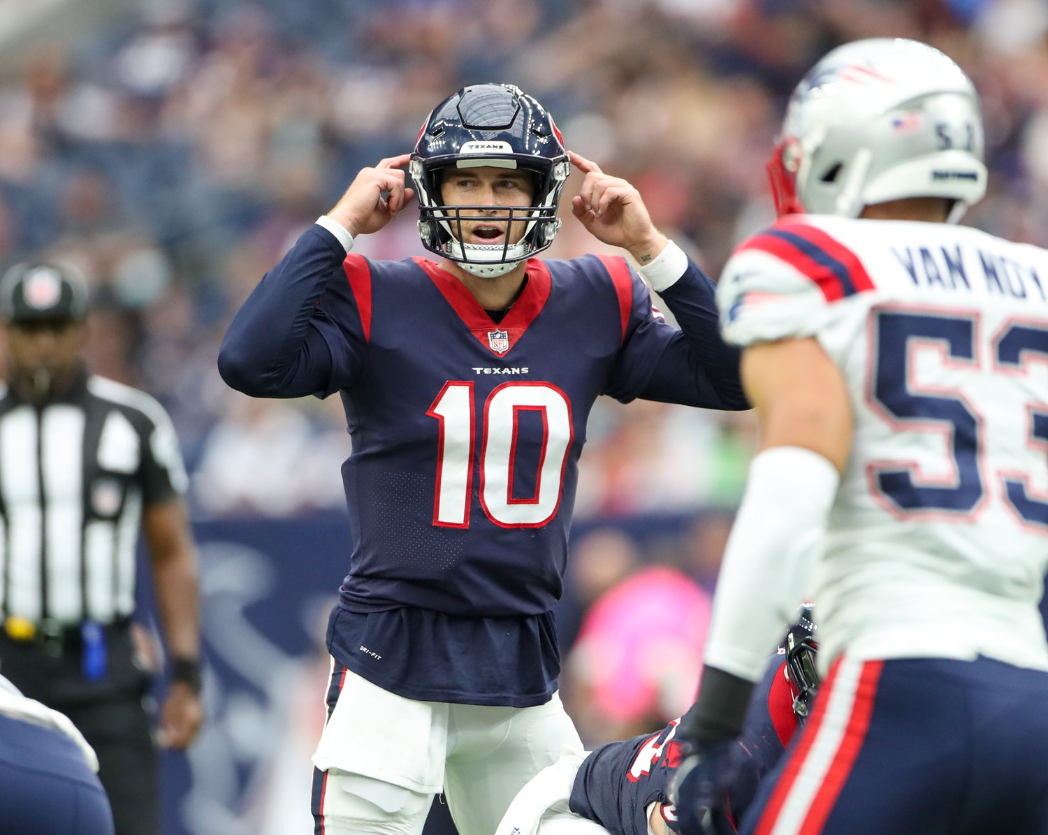 Houston Texans quarterback Davis Mills (10) calls signals before a snap during an NFL game between Houston and New England on October 10, 2021 in Houston, Texas. The Patriots won 25-22.