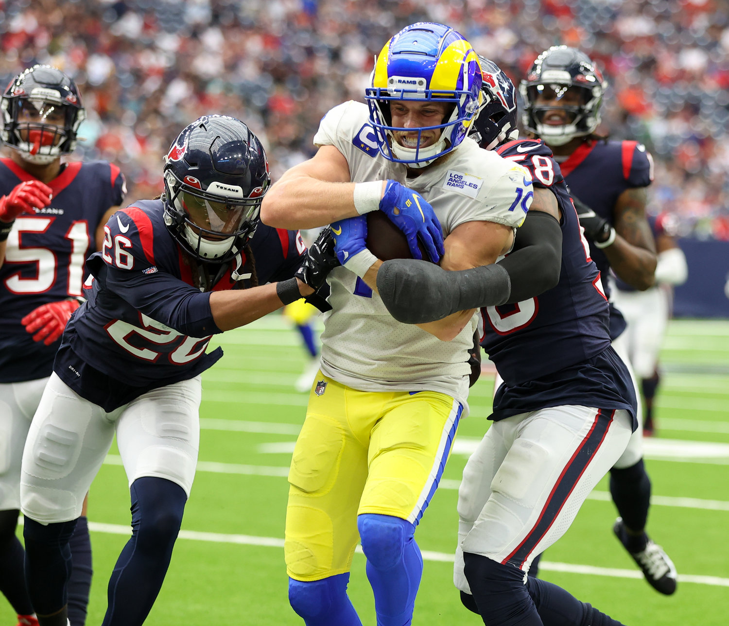 Los Angeles Rams wide receiver Cooper Kupp (10) is run out of bounds after a catch during an NFL game between Houston and the Los Angeles Rams on October 31, 2021 in Houston, Texas.