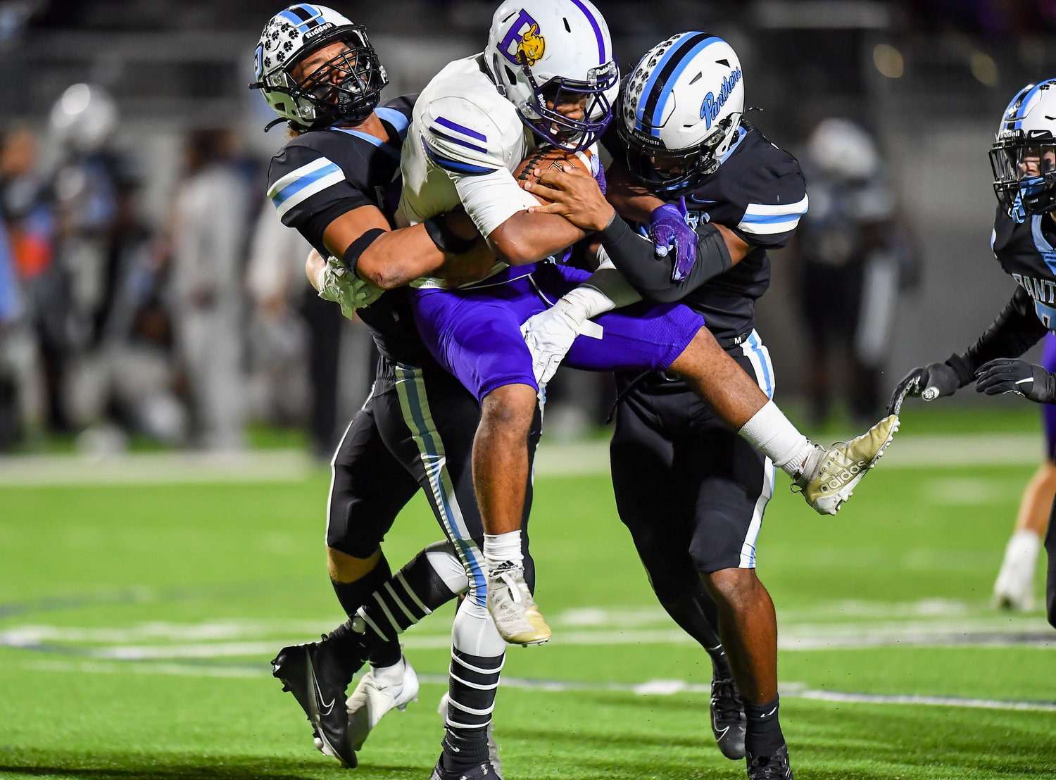Katy, Tx. Nov 11, 2021: Paetow's defense stops on a Galveston Ball runner during a playoff game between Paetow and Galveston Ball at Legacy Stadium in Katy. (Photo by Mark Goodman / Katy Times)