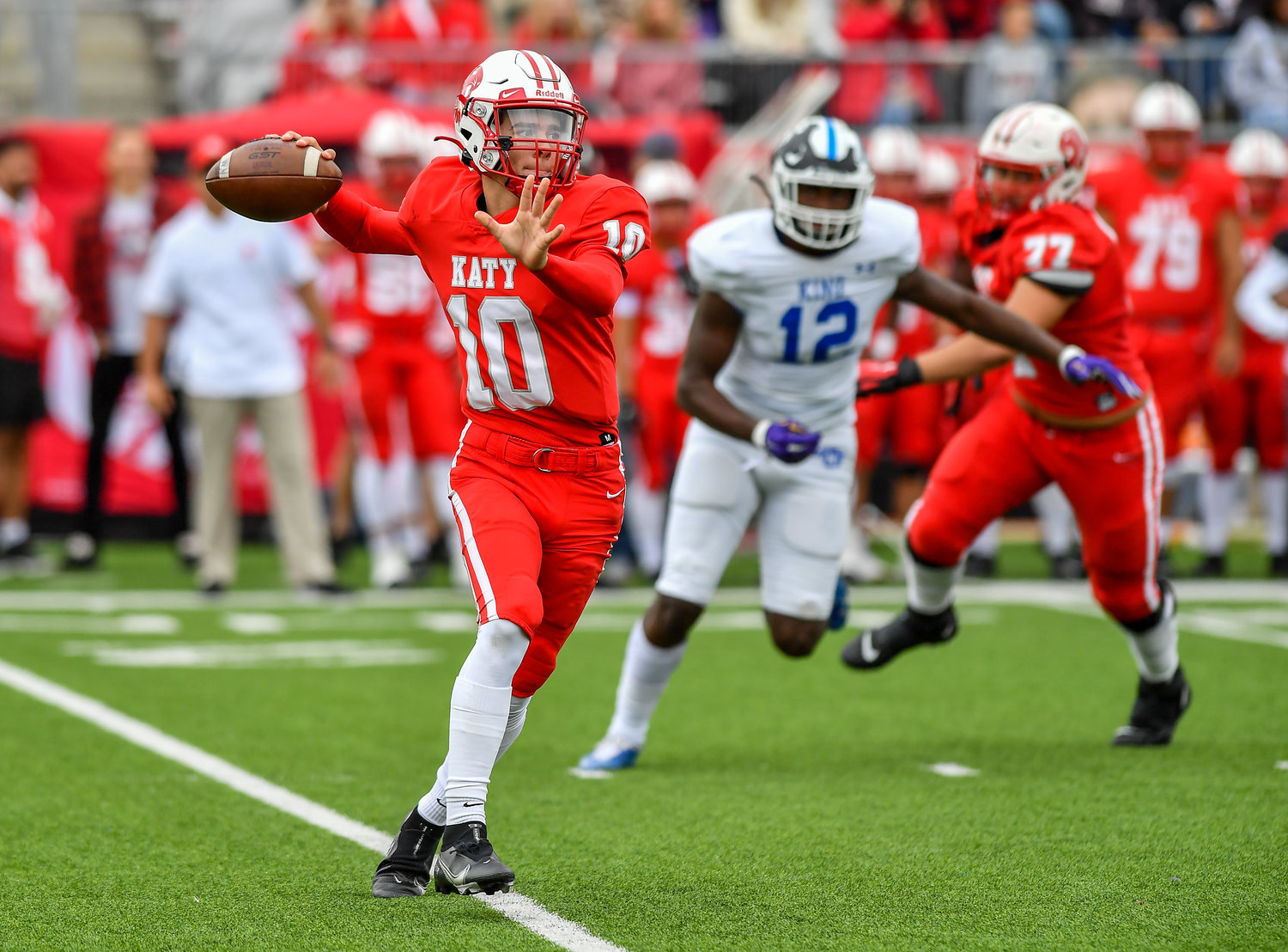 Katy Tx. Nov 26, 2021: Katy's #10 Caleb Koger delivers a pass during the UIL regional playoff game between Katy Tigers and King Panthers at Legacy Stadium in Katy. (Photo by Mark Goodman / Katy Times)