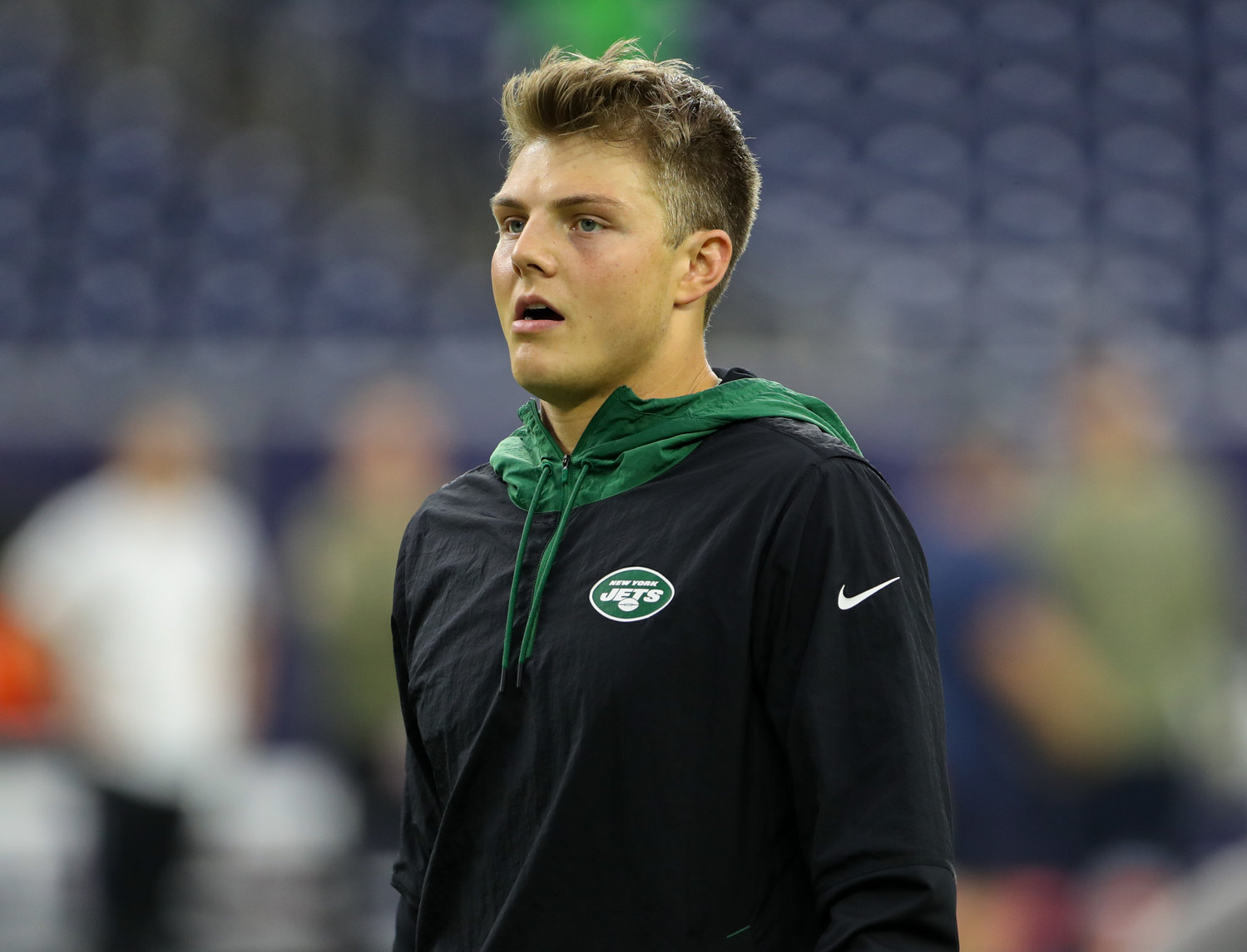 New York Jets quarterback Zach Wilson (2) during pregame warmups before an NFL game between the Houston Texans and the New York Jets on November 28, 2021 in Houston, Texas.