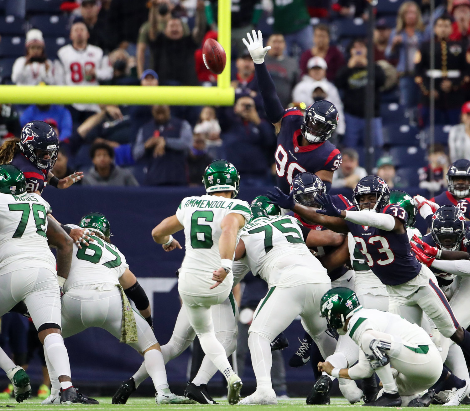 Houston Texans defensive tackle Ross Blacklock (90) leaps in an attempt to block New York Jets place kicker Matt Ammendola’s (6) successful 37-yard field goal during an NFL game between the Houston Texans and the New York Jets on November 28, 2021 in Houston, Texas. The Jets won, 21-14