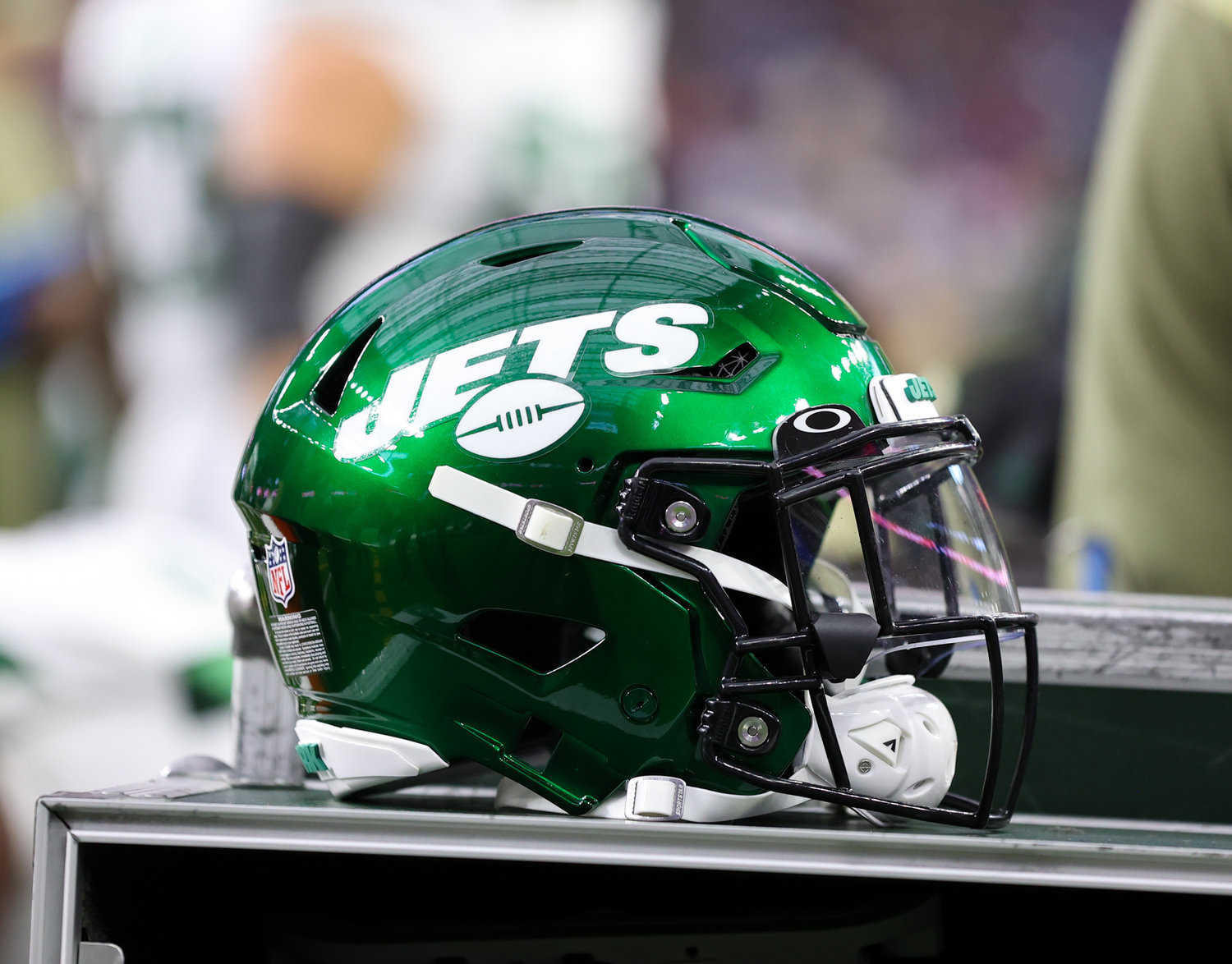 A New York Jets helmet during an NFL game between the Houston Texans and the New York Jets on November 28, 2021 in Houston, Texas. The Jets won, 21-14