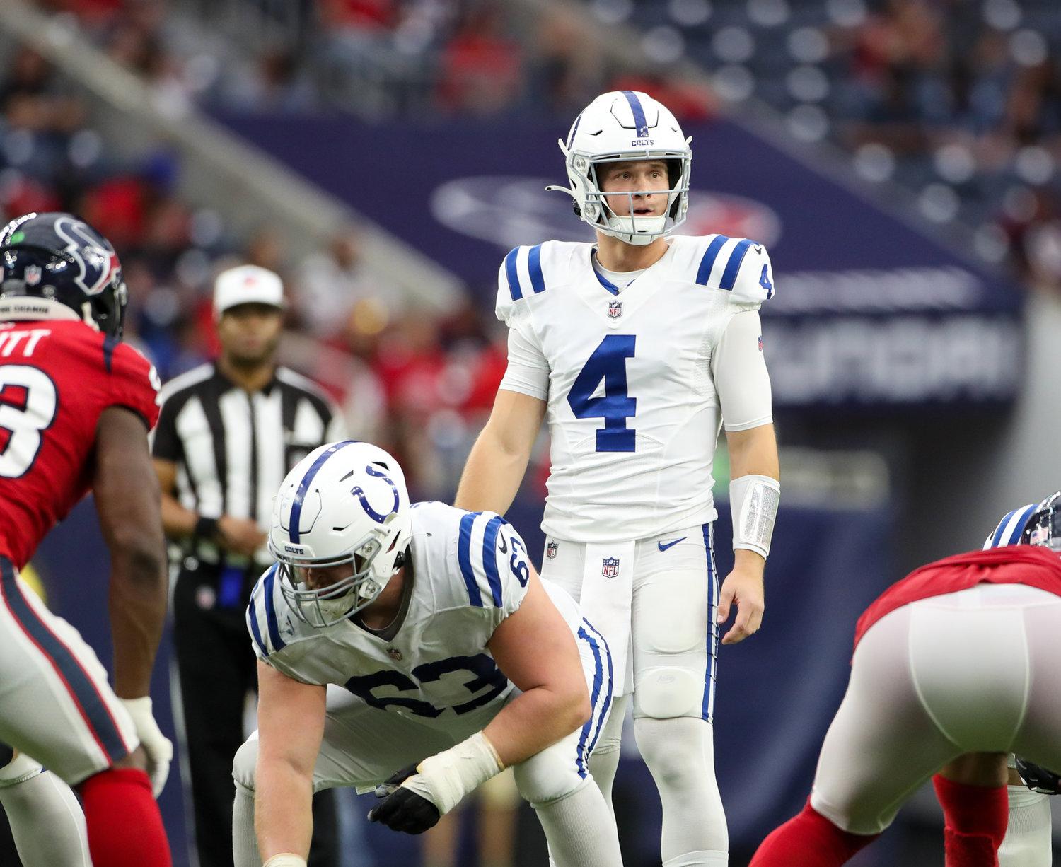 Indianapolis Colts quarterback Sam Ehlinger (4) during an NFL game between the Texans and the Colts on December 5, 2021 in Houston, Texas. The Colts won, 31-0.