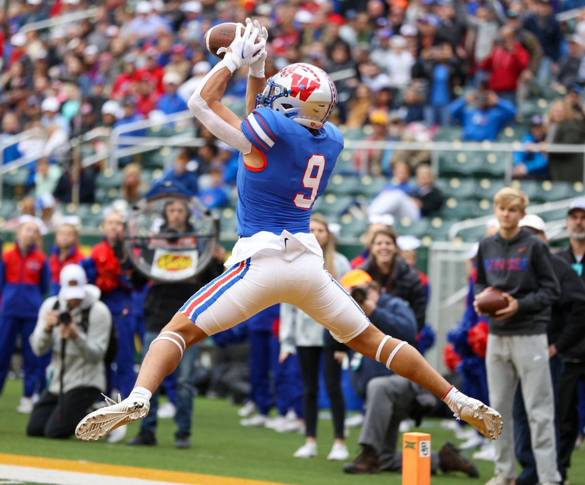 Westlake Chaparrals wide receiver Jaden Greathouse (9) catches a touchdown pass during the Class 6A Division II state semifinal  game between Katy and Westlake on December 11, 2021 in Waco, Texas.