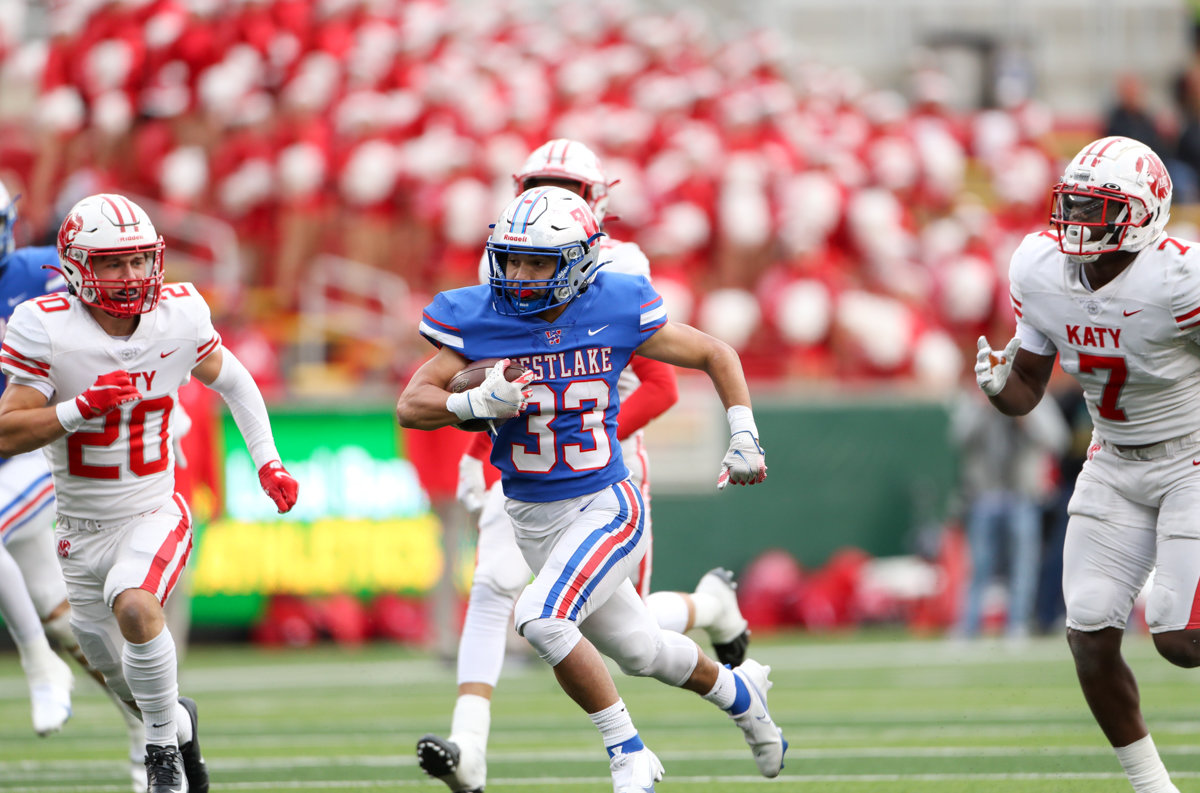 Westlake Chaparrals running back Jack Kayser (33) carries the ball during the Class 6A Division II state semifinal  game between Katy and Westlake on December 11, 2021 in Waco, Texas.