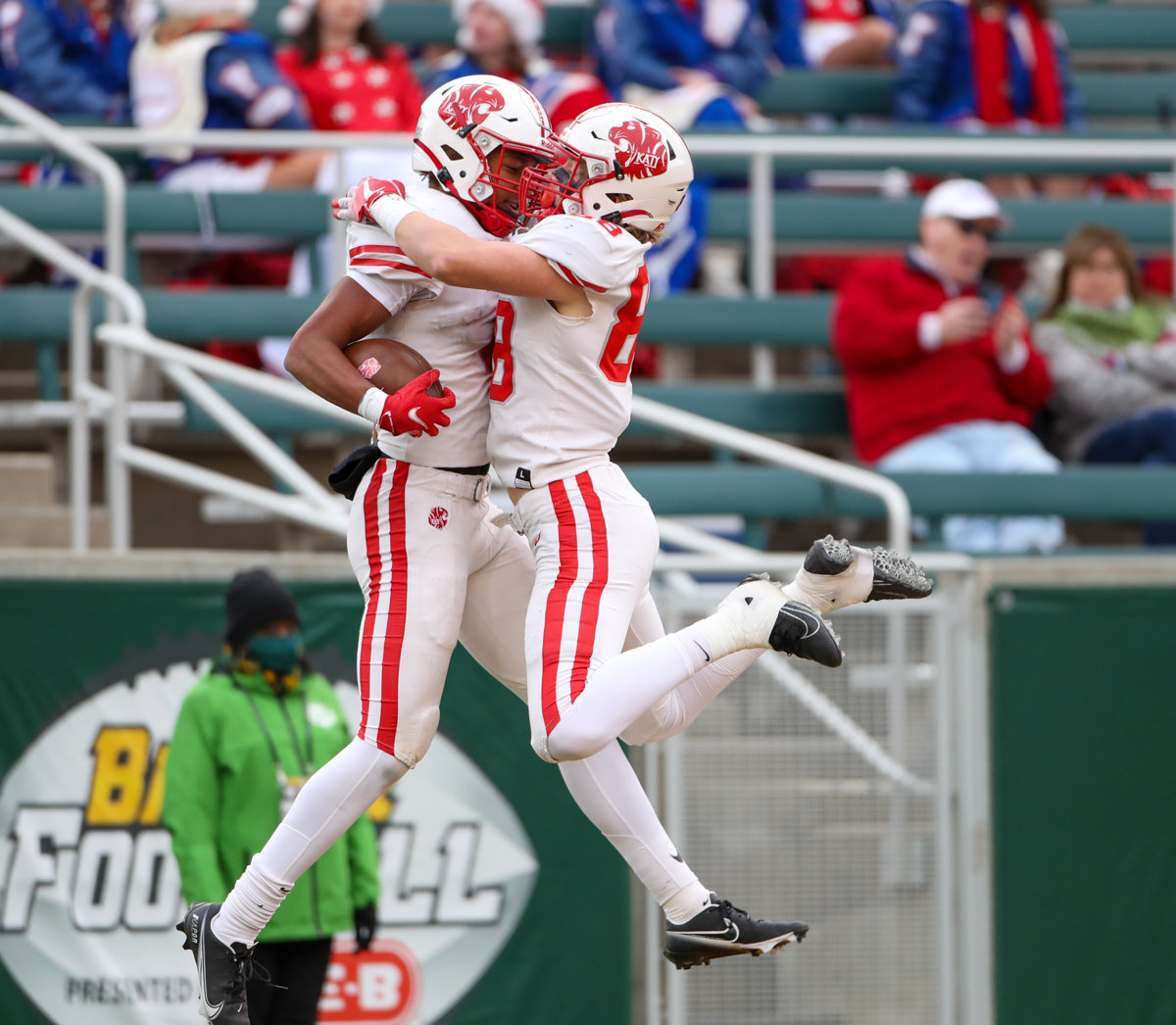 Katy Tigers wide receiver Nic Anderson (4) and tight end Michael Dante (88) celebrate after a touchdown during the Class 6A Division II state semifinal  game between Katy and Westlake on December 11, 2021 in Waco, Texas.