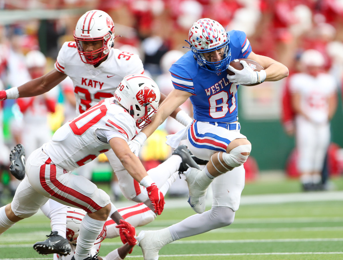 Westlake Chaparrals wide receiver Pierce Turner (81) carries the ball after a reception during the Class 6A Division II state semifinal  game between Katy and Westlake on December 11, 2021 in Waco, Texas.