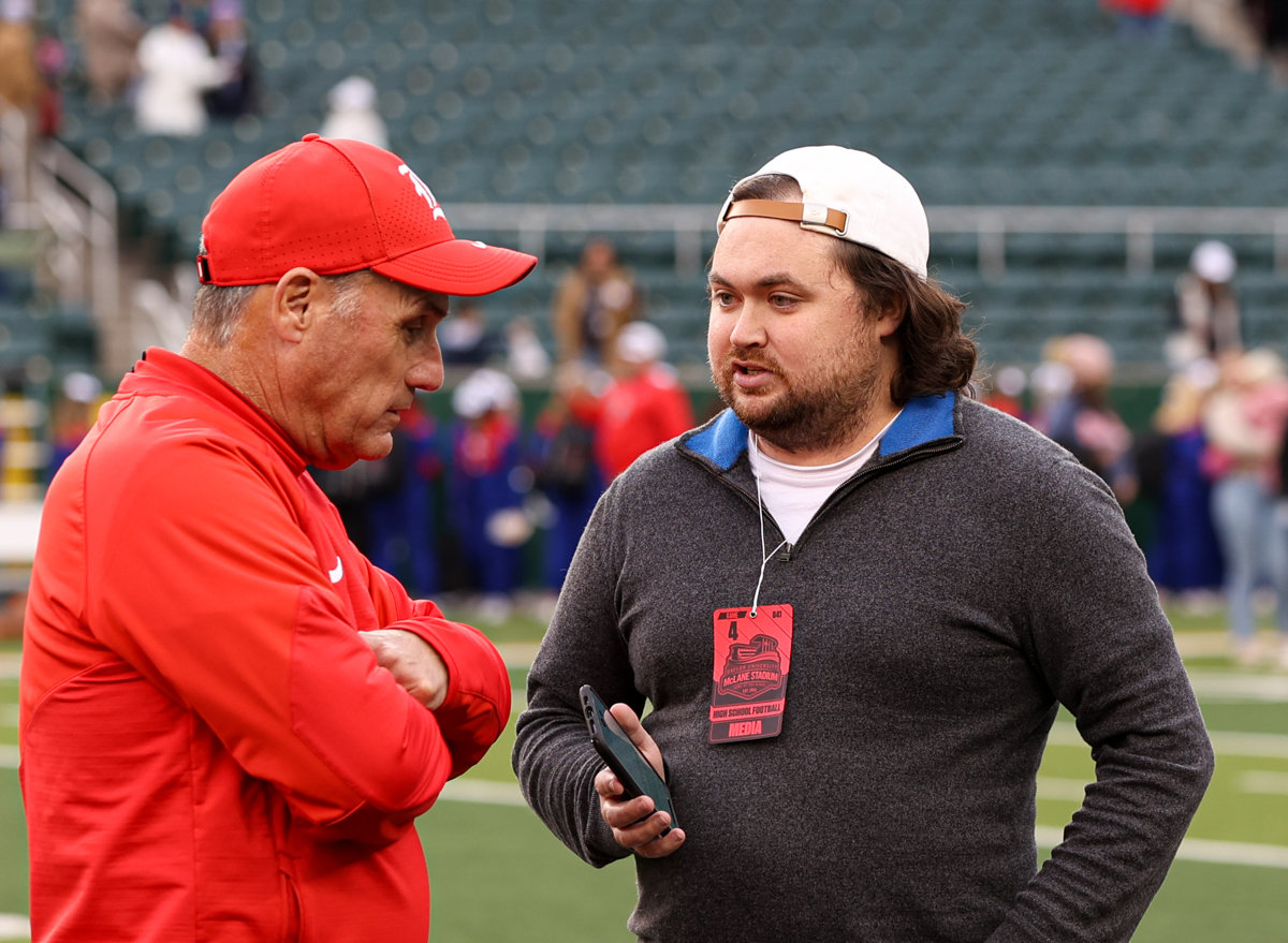 Katy Times sports editor Tyler Tyre interviews Katy Tigers head coach Gary Joseph following a Class 6A Division II state semifinal game against Westlake on December 11, 2021 at McLane Stadium in Waco, Texas.