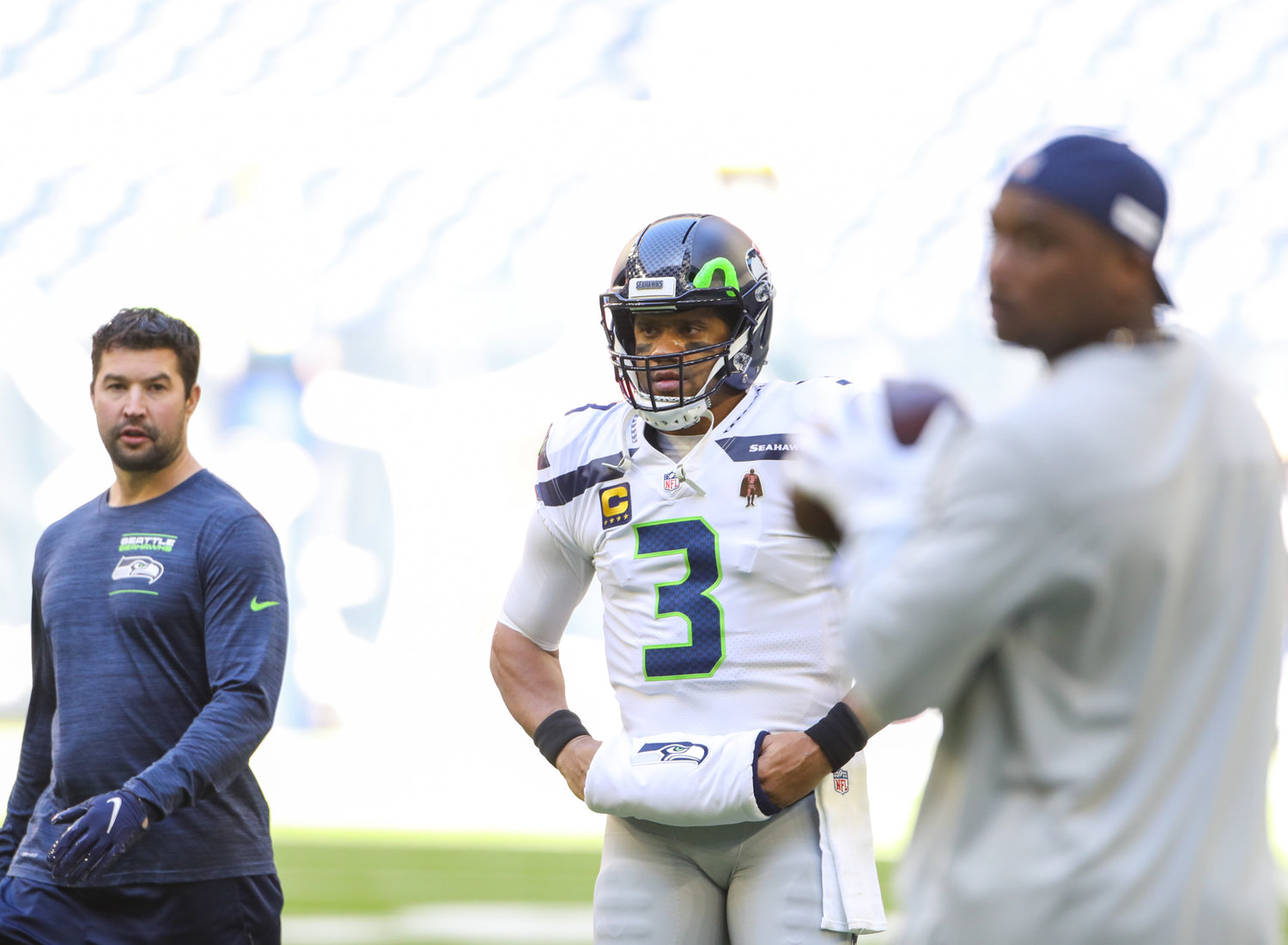 Seattle Seahawks quarterback Russell Wilson (3) warms up before the start of an NFL game between the Seahawks and the Texans on December 12, 2021 in Houston, Texas.