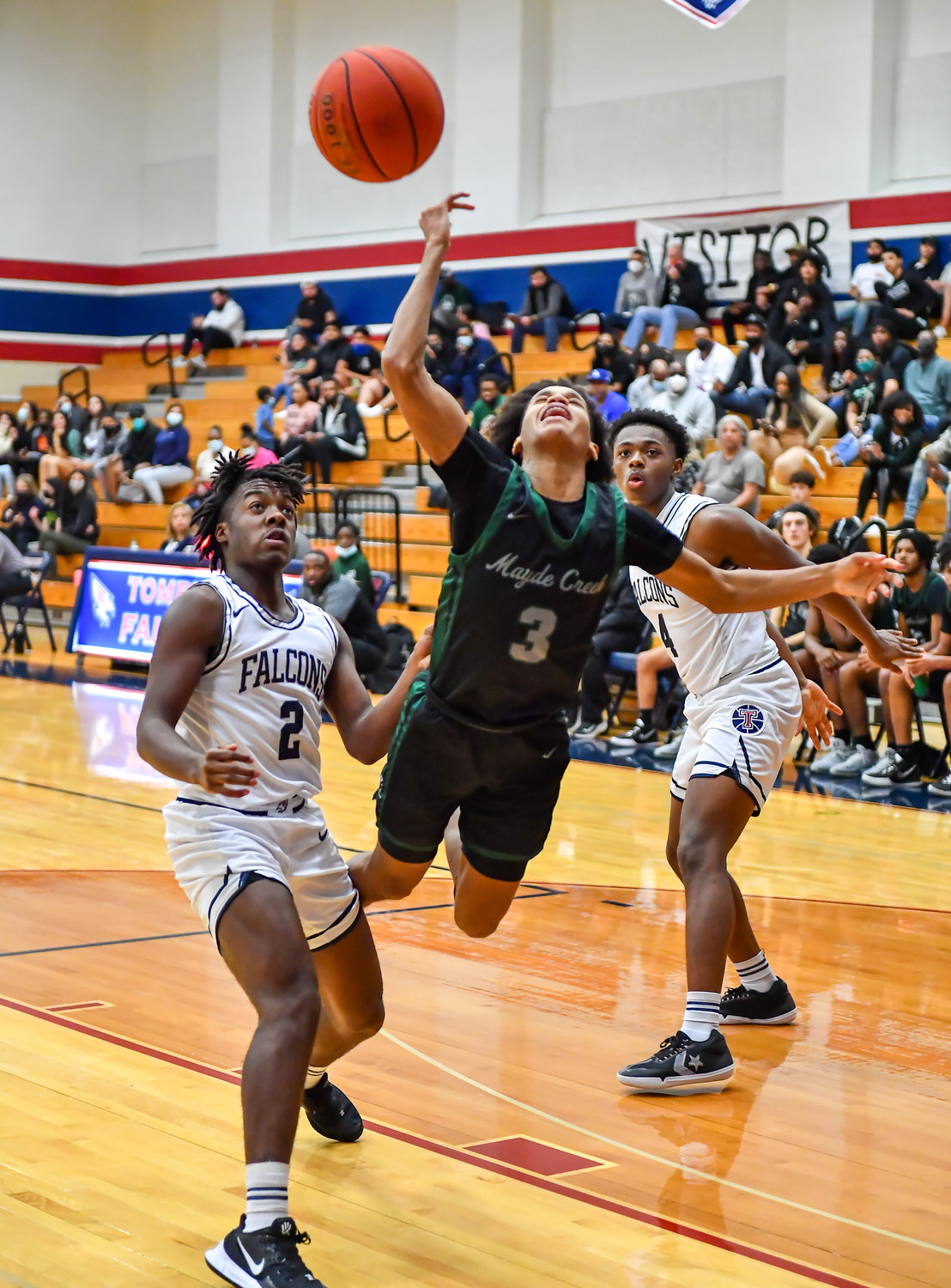 Katy Tx. Jan 14, 2022:   Mayde Creeks Christian Jones #3 goes up for the shot during the Tompkins vs Mayde Creek game.  (Photo by Mark Goodman / Katy Times)