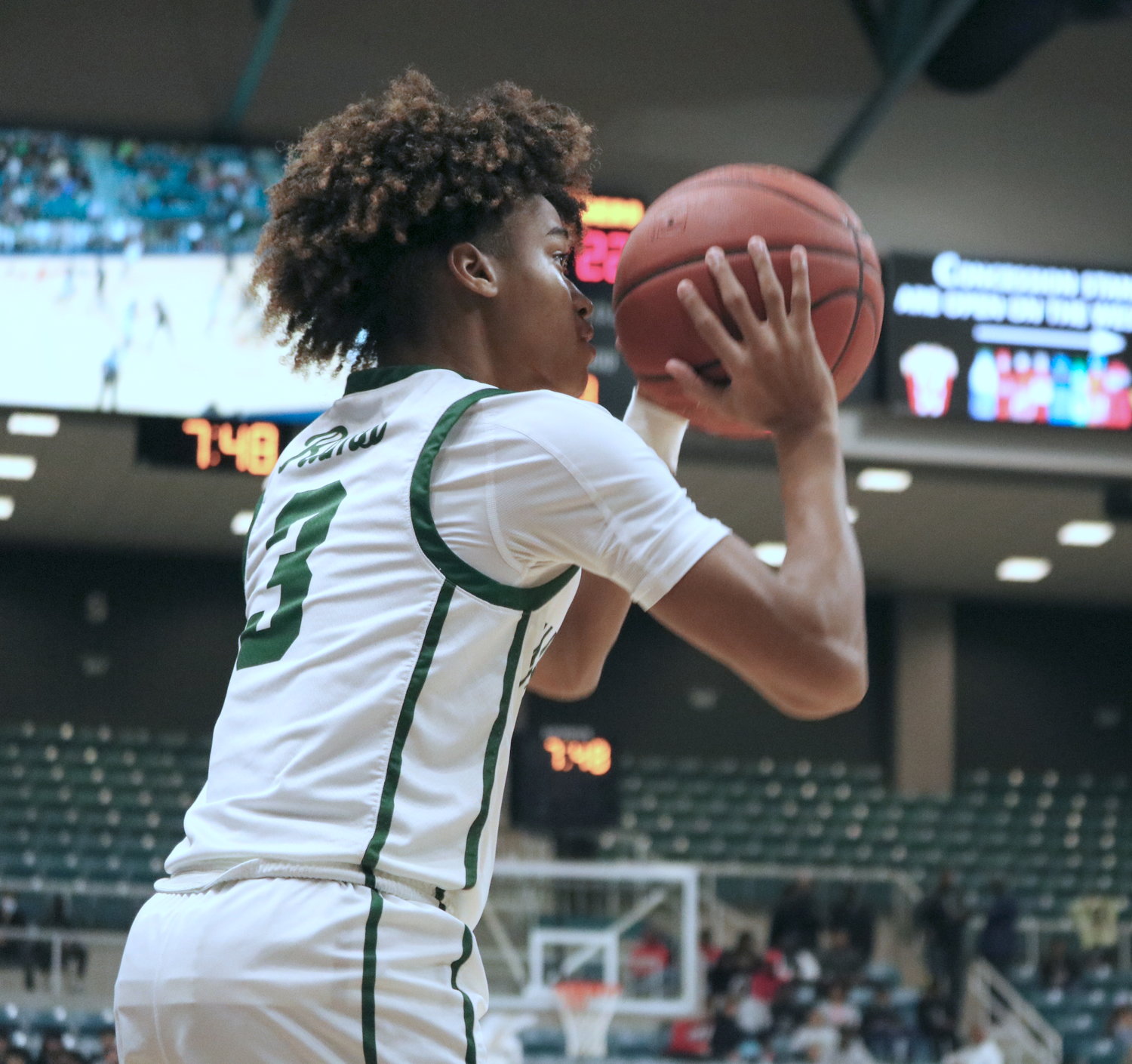 Christian Jones takes a 3-pointer during Tuesday’s Class 6A regional quarterfinal between Mayde Creek and Fort Bend Clements at the Merrell Center.