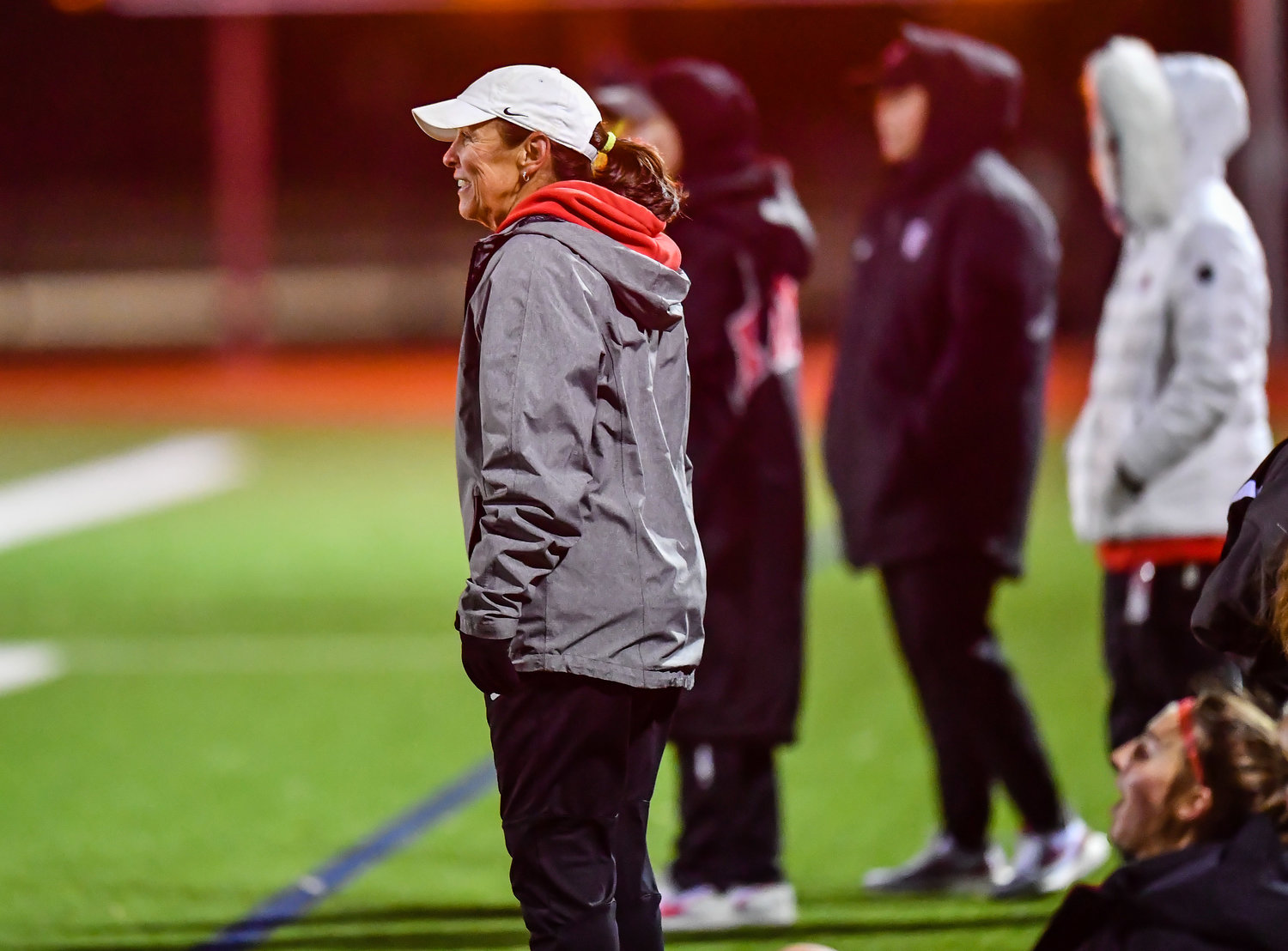 March 8,, 2022: Katy's head coach Dianne Loftin looks on at her lady Tigers during their soccer match against Katy Taylor at KHS. (Photo by Mark Goodman / Katy Times)