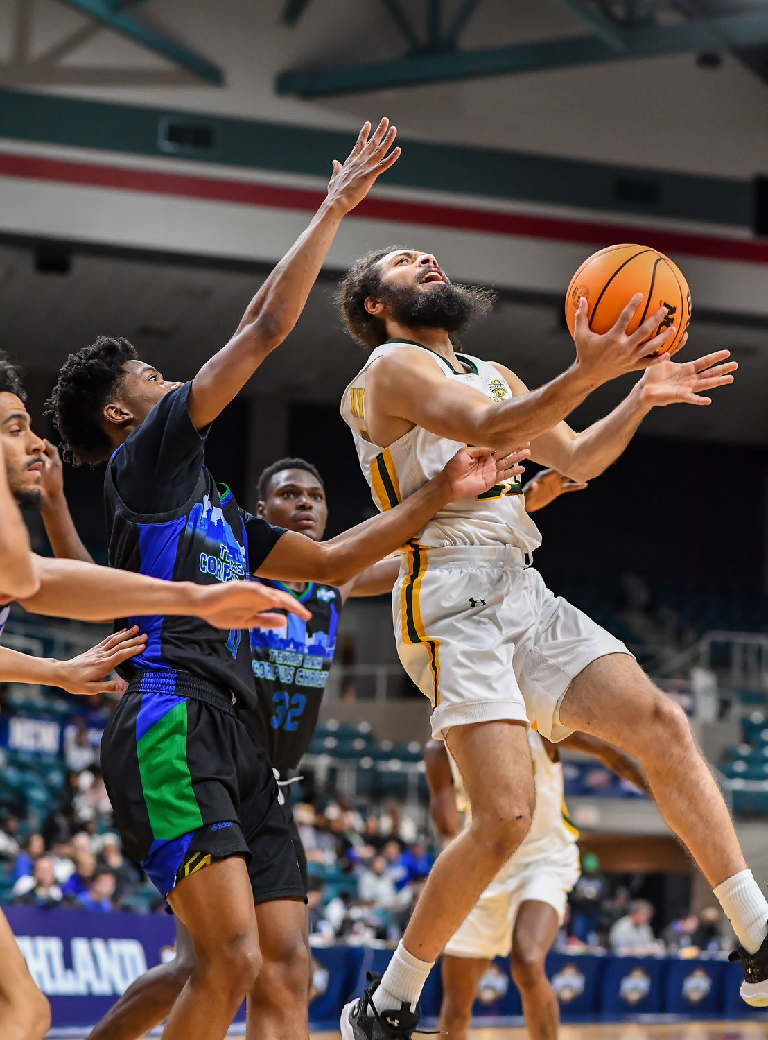 March 12,, 2022:  Southeastern Louisianas Joe Kasperzyk #25 drives up to the basket during the Southland Conference Basketball Championship game between A&M Corpus Christi vs Southeastern Louisiana. (Photo by Mark Goodman / Katy Times)