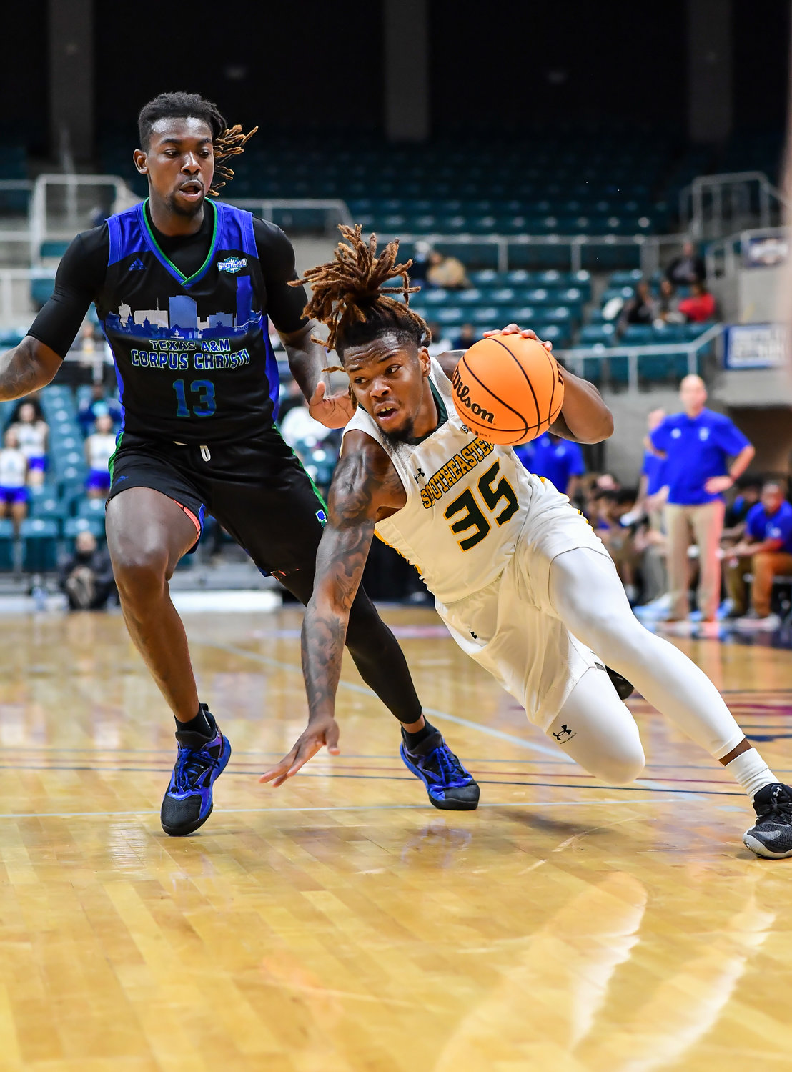 March 12,, 2022:  Southeastern Louisianas Gus Okafor #35 drives towards the basket during the Southland Conference Basketball Championship game between A&M Corpus Christi vs Southeastern Louisiana. (Photo by Mark Goodman / Katy Times)