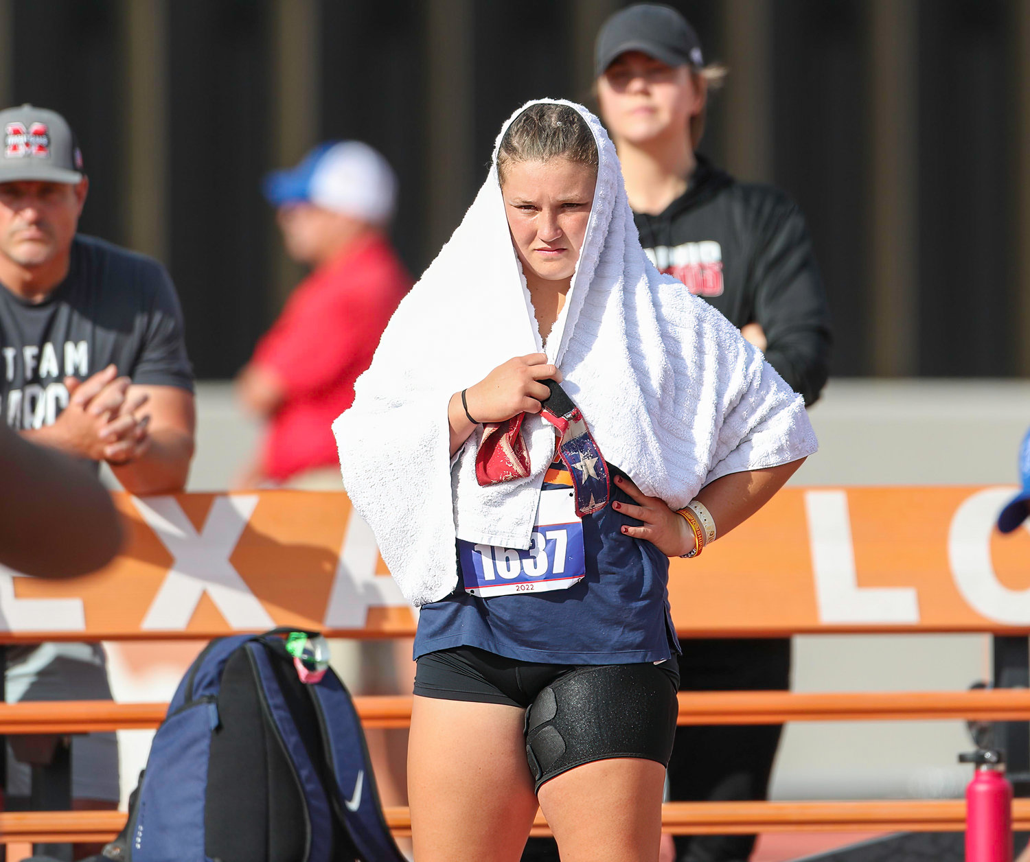 Janey Campbell of Seven Lakes High School waits for her turn to compete in the Class 6A girls shot put event at the UIL State Track and Field Meet on May 14, 2022 in Austin, Texas.