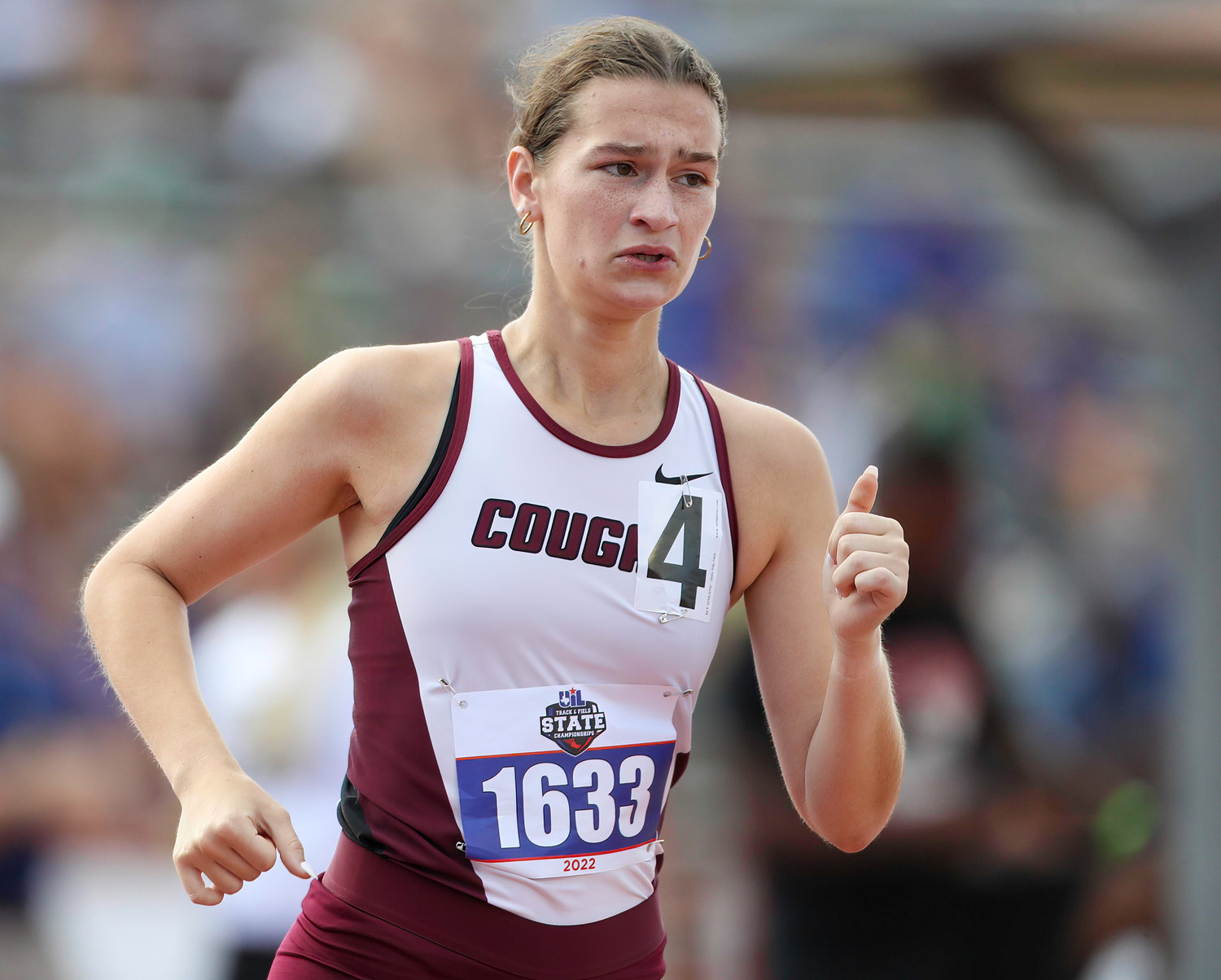 Alison Mueller of Cinco Ranch High School runs in the Class 6A girls 3200-meter run at the UIL State Track and Field Meet on May 14, 2022 in Austin, Texas.