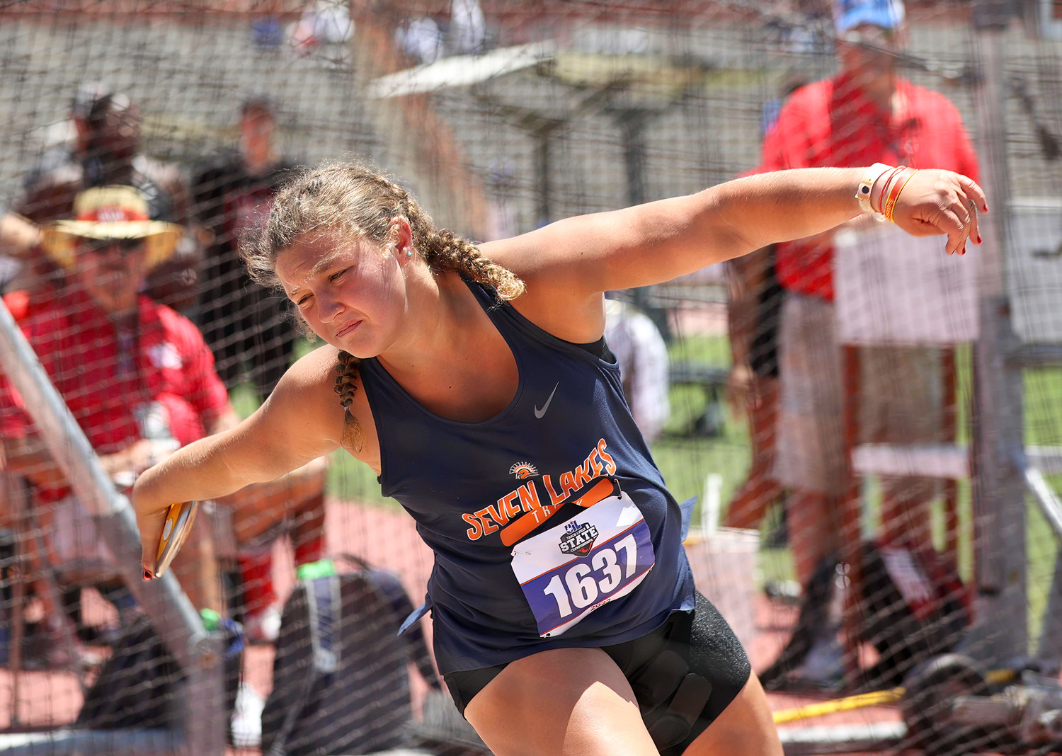 Janey Campbell of Seven Lakes High School competes in Class 6A girls discus event at the UIL State Track and Field Meet on May 14, 2022 in Austin, Texas.