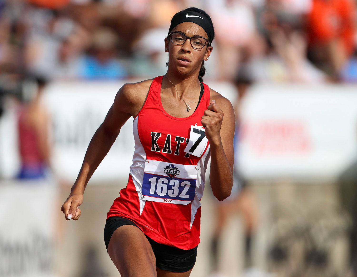 Sarah Pantophlet of Katy High School runs in the Class 6A girls 800-meter run at the UIL State Track and Field Meet on May 14, 2022 in Austin, Texas.