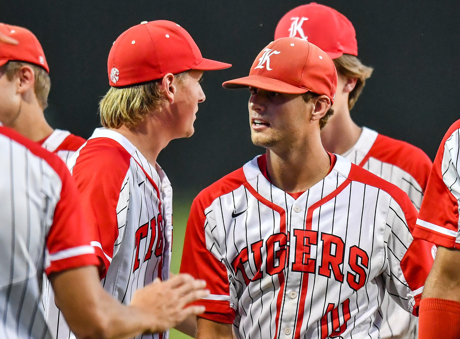 Team mates congratulate Katy's Ryan George (10) after making a diving catch during the fourth inning in a Region III-6A SemiFinals baseball game between Katy and Strake Jesuit at Mayde Creek High School, Friday, May 27, 2022.