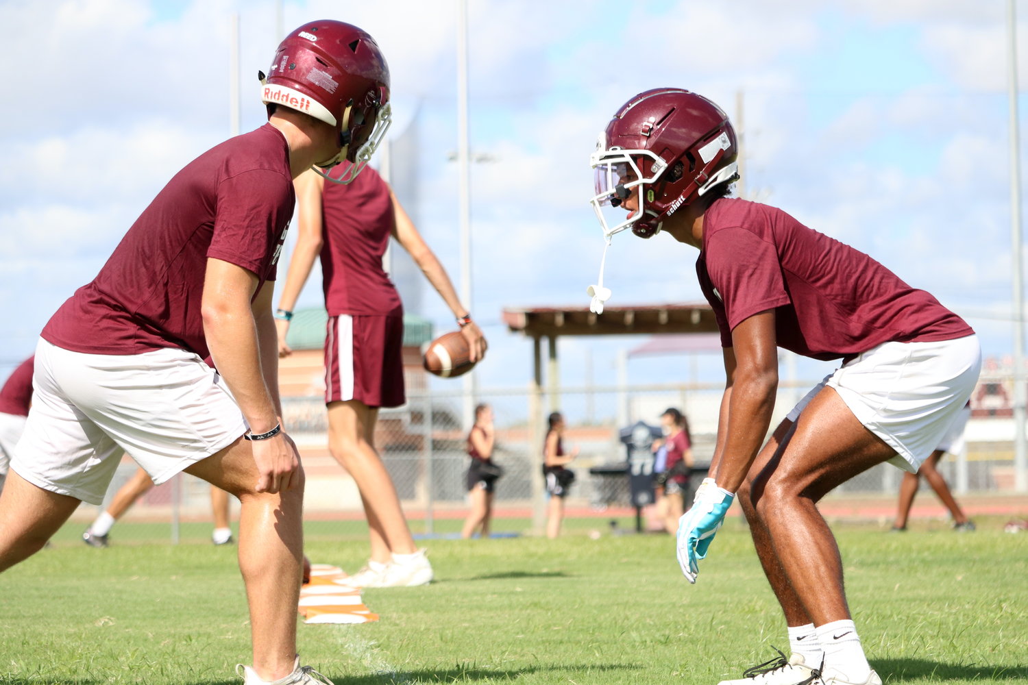 Taytum Johnson lines up to defend a receiver during Monday’s Cinco Ranch practice.