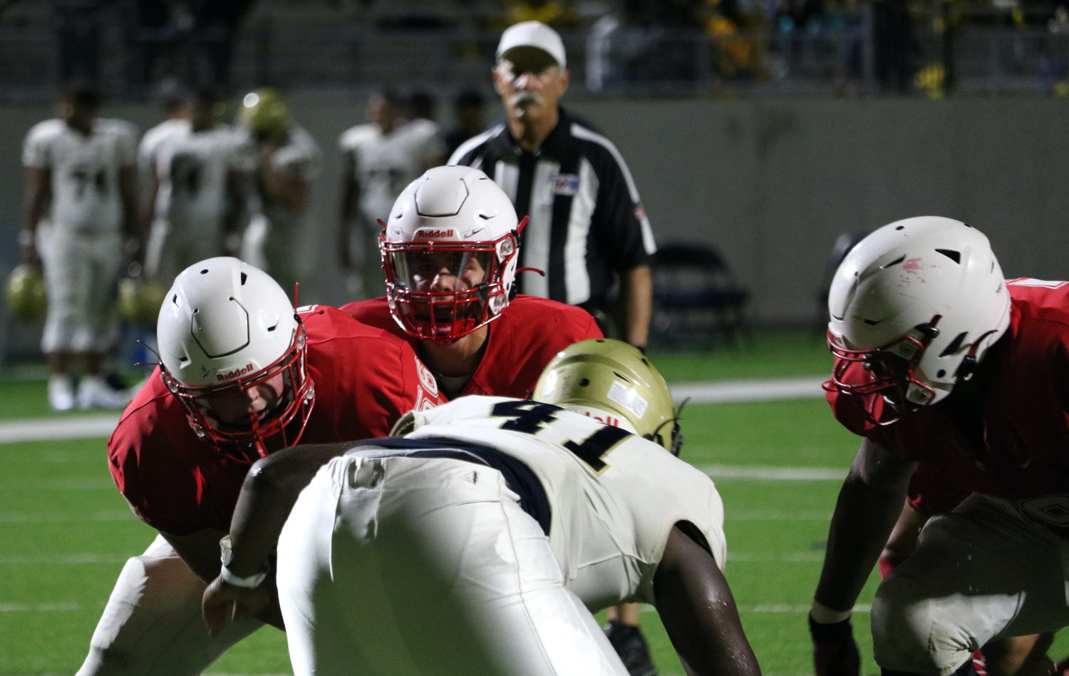 Katy’s Caleb Koger prepares for a snap during Katy’s scrimmage against Klein Collins on Friday at Legacy Stadium.