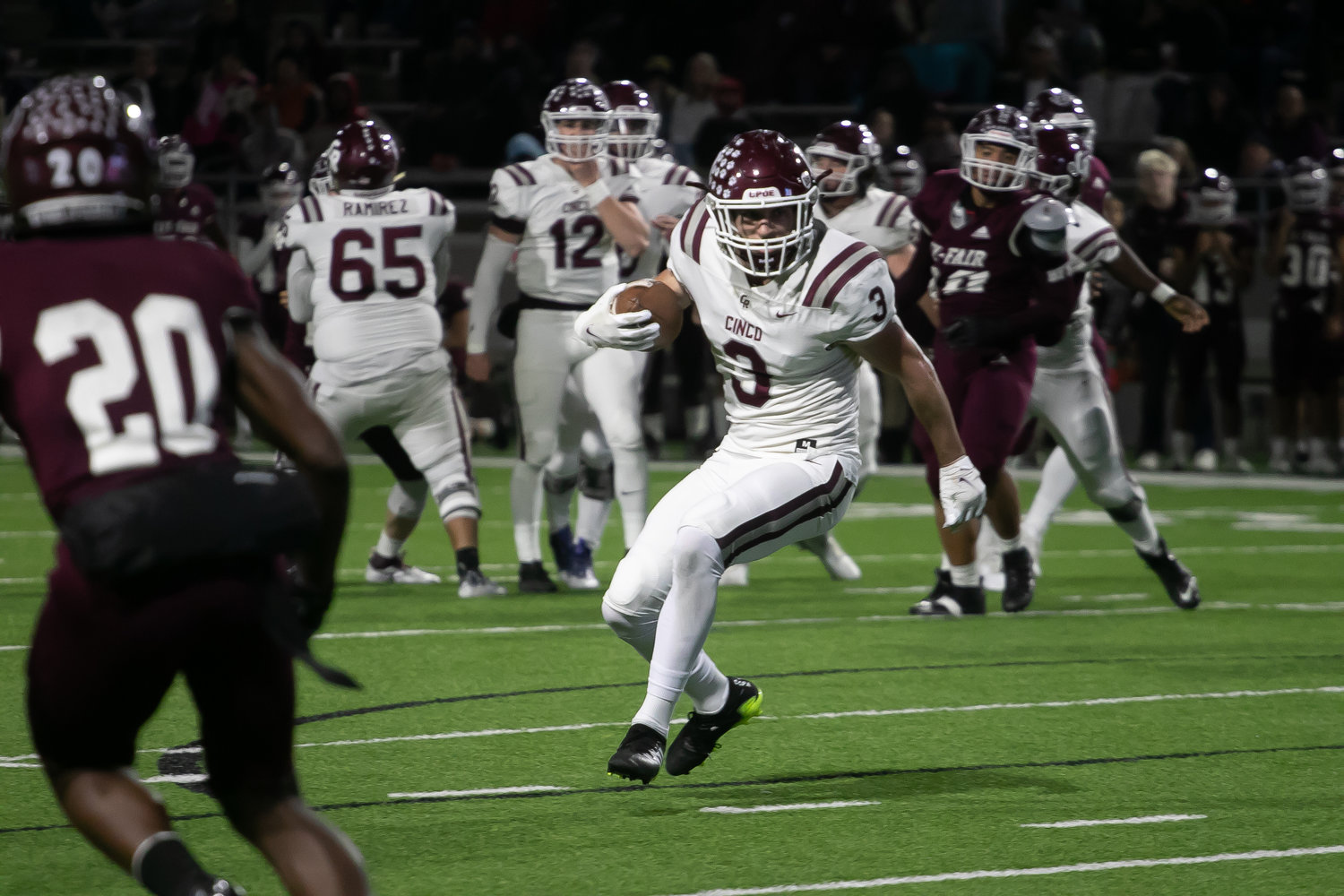 Seth Salverino cuts upfield during Friday's Class 6A-Division I area round game between Cinco Ranch and Cy-Fair at Pridgeon Stadium.