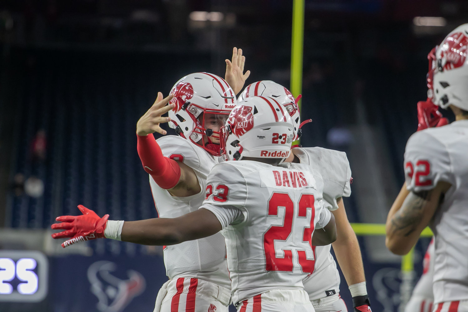 Seth Davis celebrates with teammates during Friday's Class 6A-Divison II Region III Final between Katy and C.E. King at NRG Stadium.