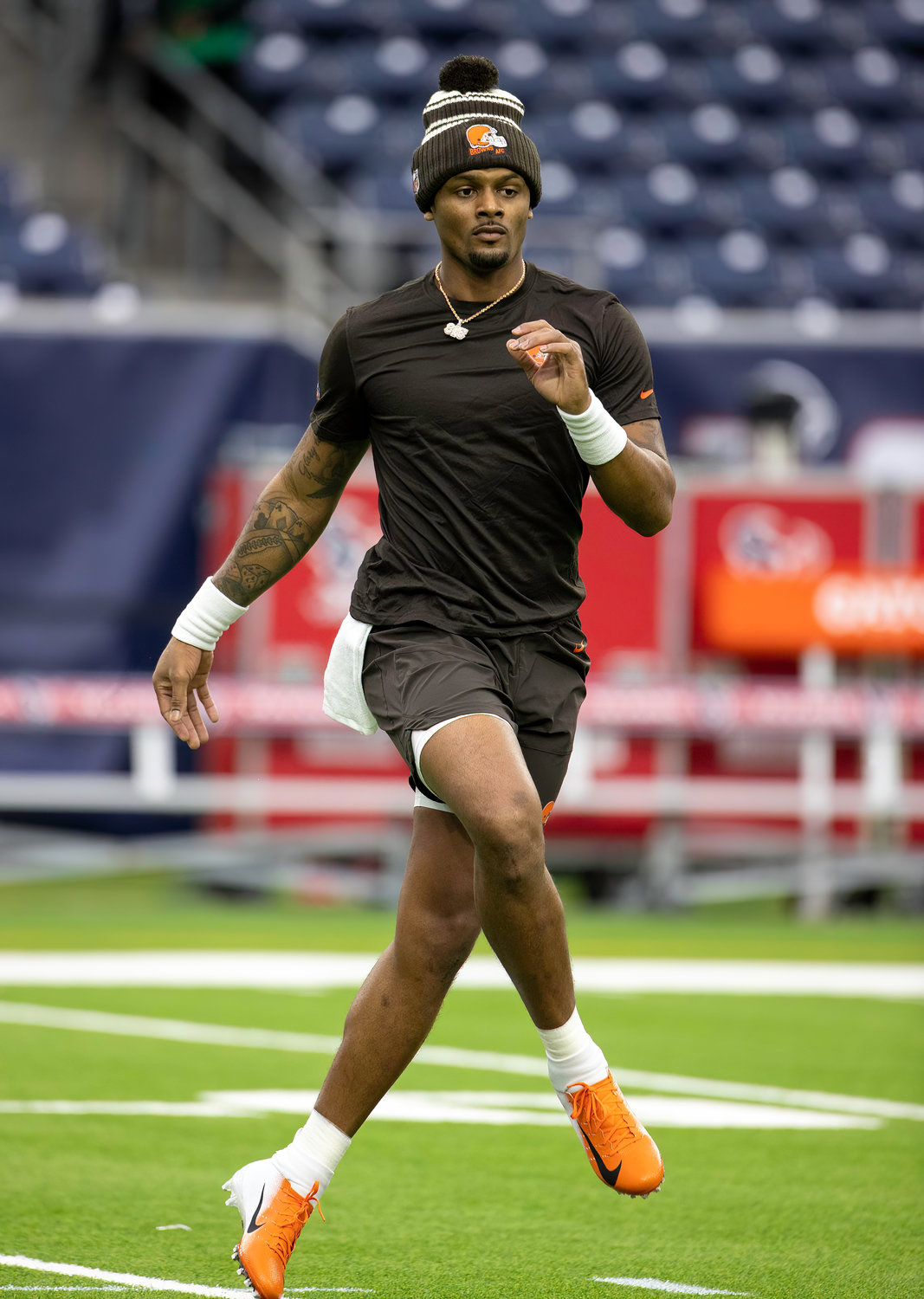 Former Houston Texans and current Cleveland Browns quarterback Deshaun Watson warms up before an NFL game on Dec. 4, 2022, in Houston. The game marks the controversial quarterback’s return to Houston and first game back after an 11-game suspension for allegations of sexual misconduct during his tenure with the Texans.